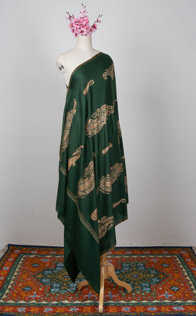 2.5 Yards Sozni Hand Embroidered Shawl in Emerald Paisley Garden