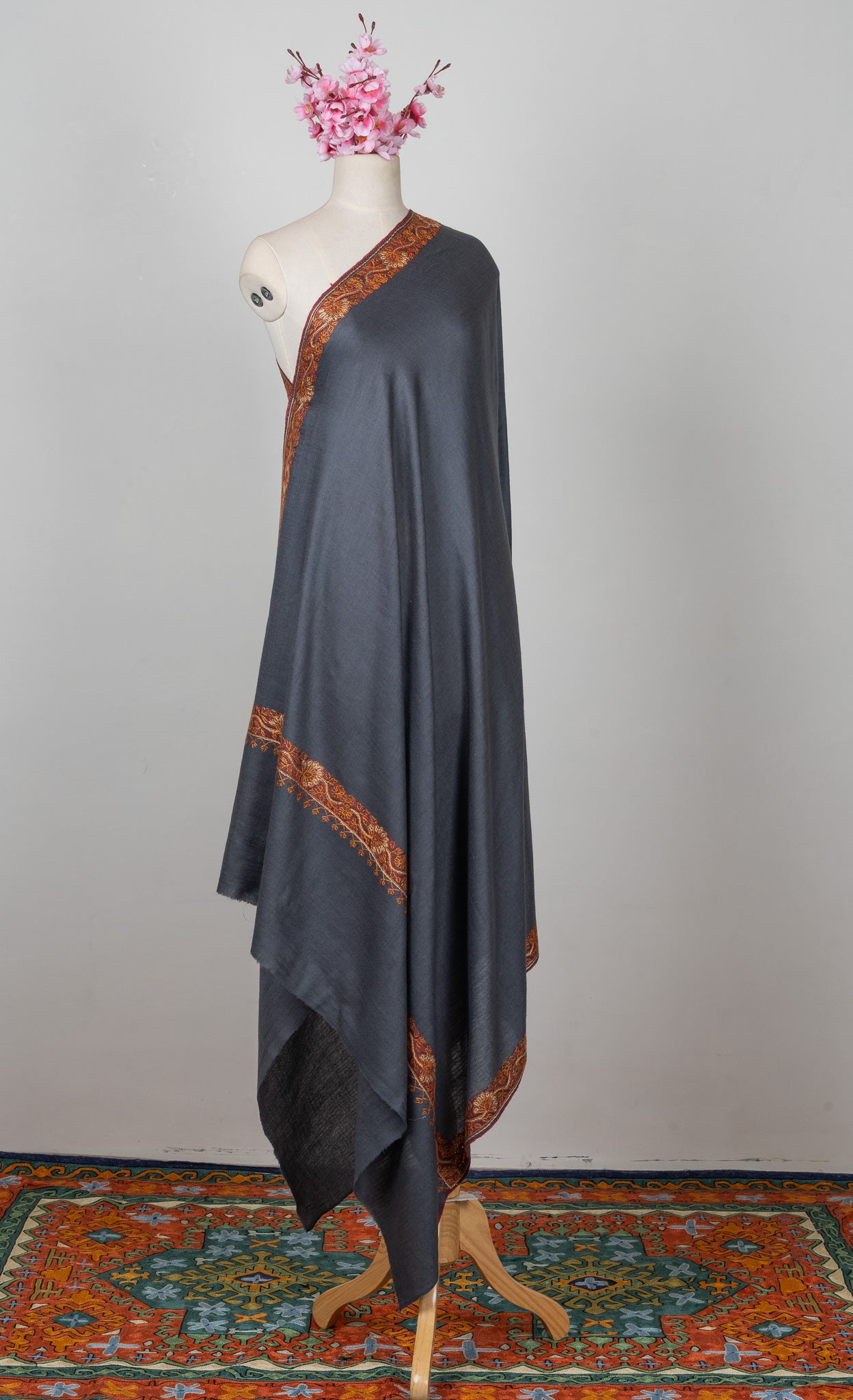 2.5 Yards Sozni Hand Embroidered Shawl in Deep Teal Floral Border