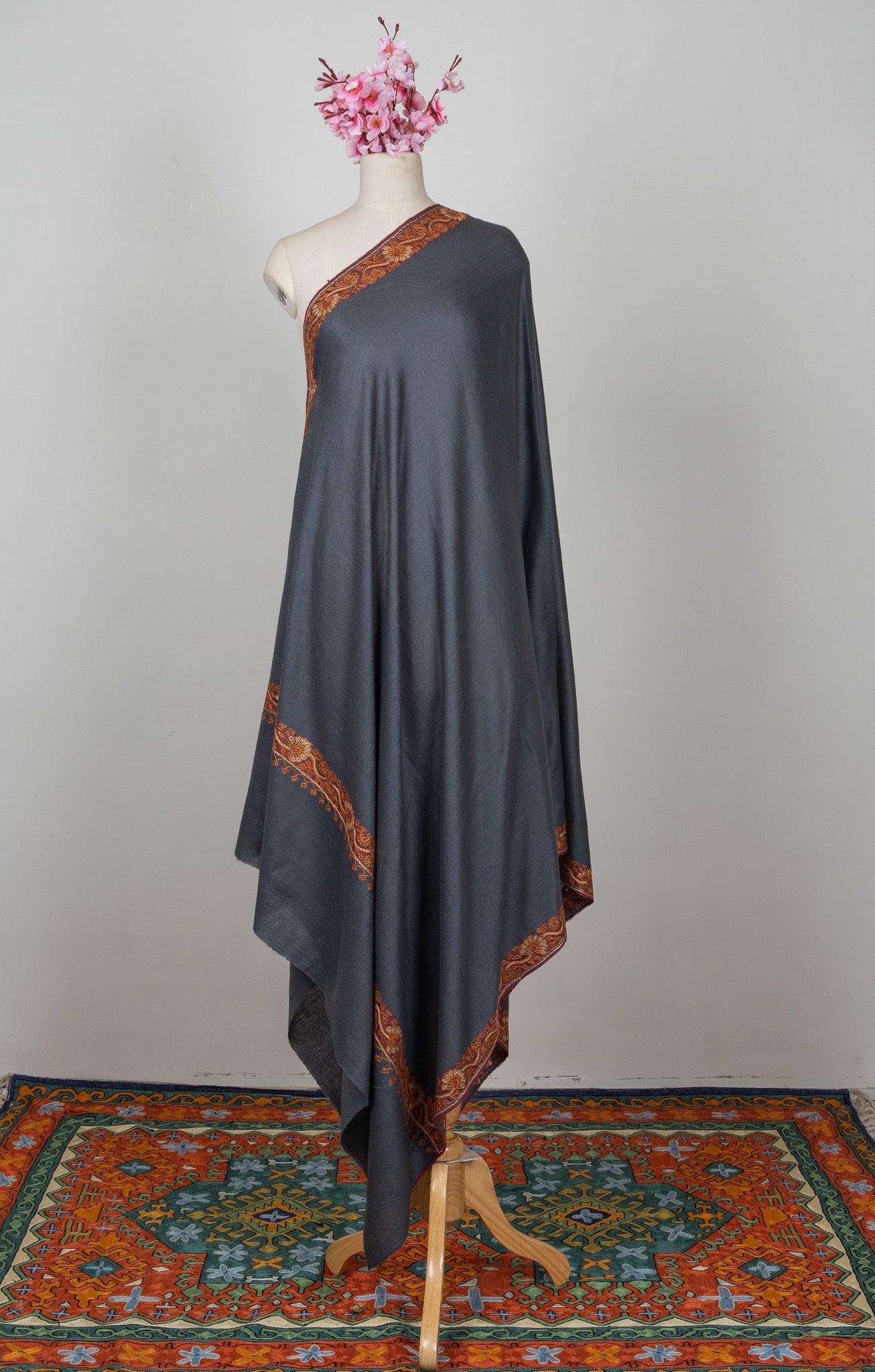 2.5 Yards Sozni Hand Embroidered Shawl in Deep Teal Floral Border