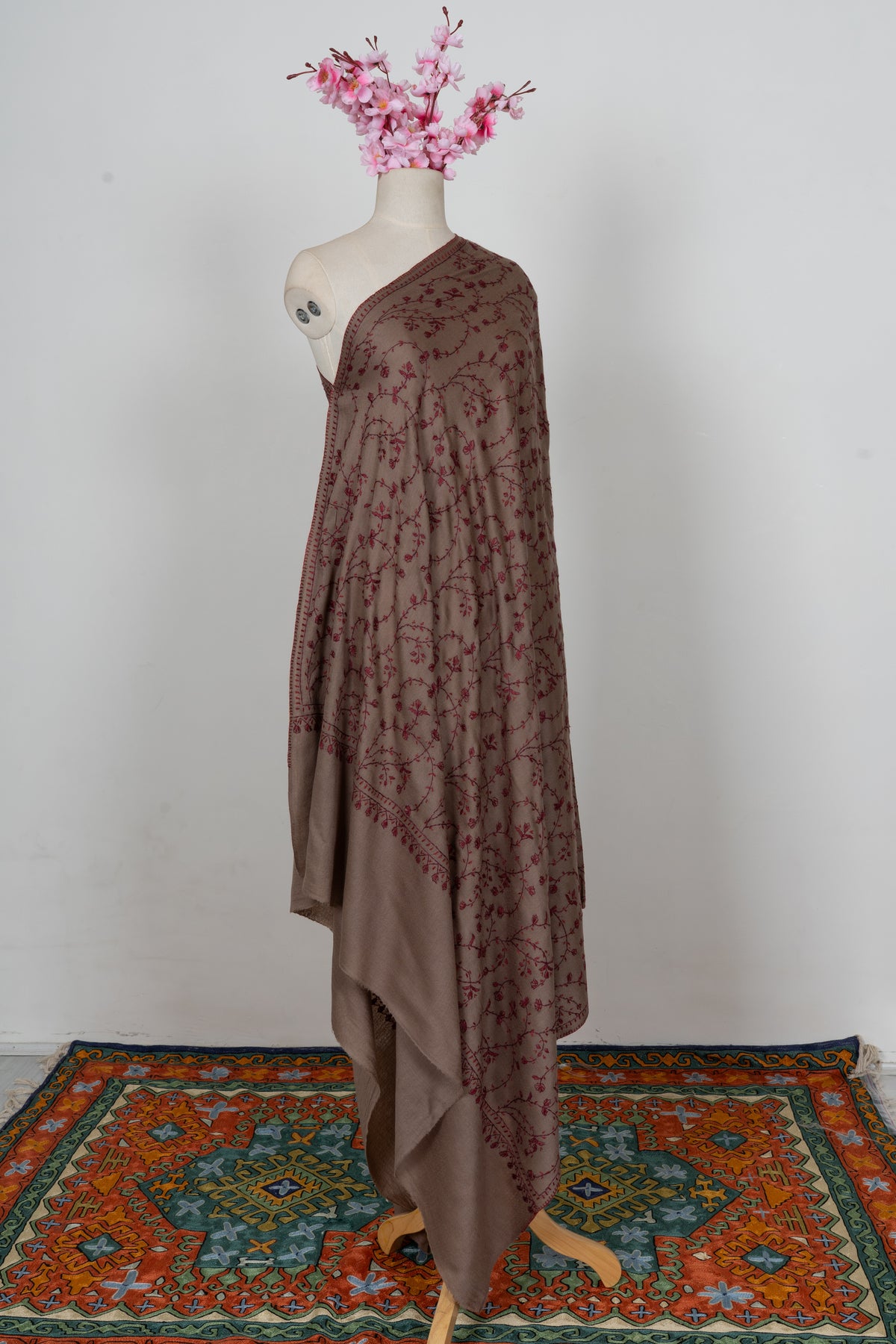Cocoa Wine Floral Veil: Merino Wool Hand Embroidered 2.5 Yards Shawl