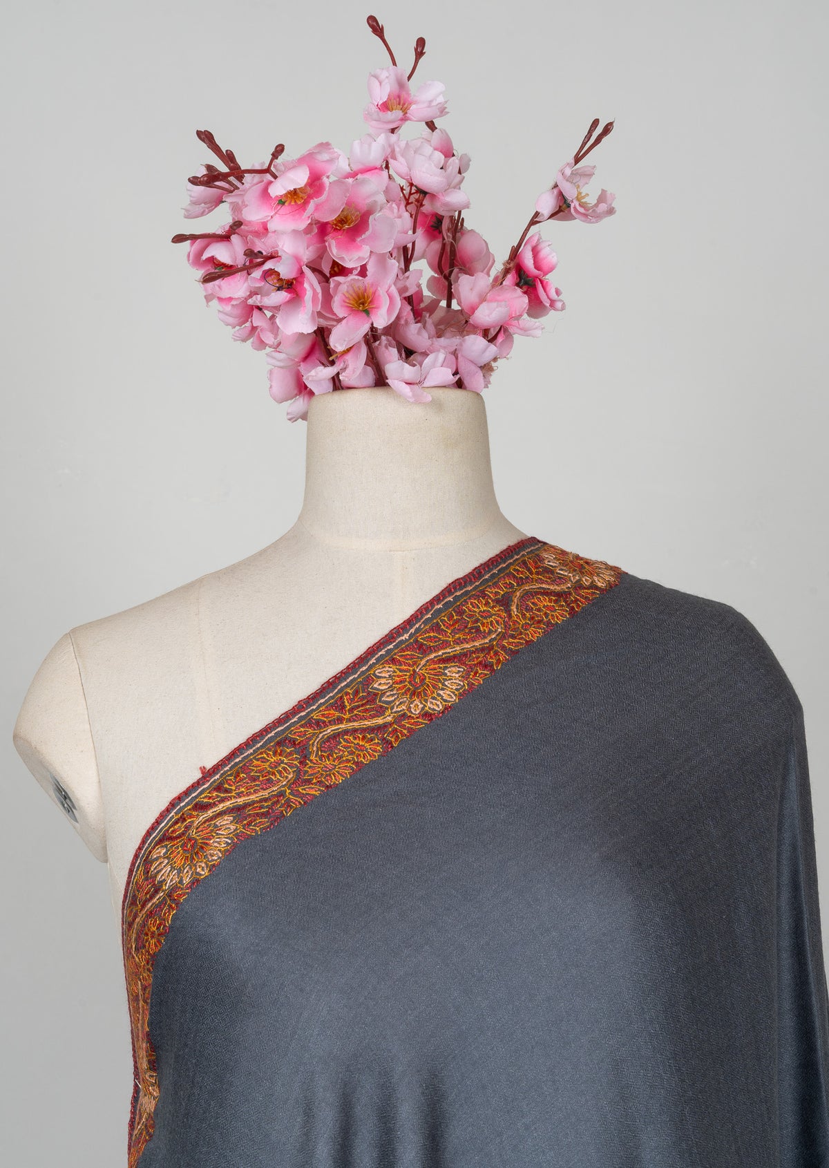2.5 Yards Sozni Hand Embroidered Shawl in Deep Teal Floral Border