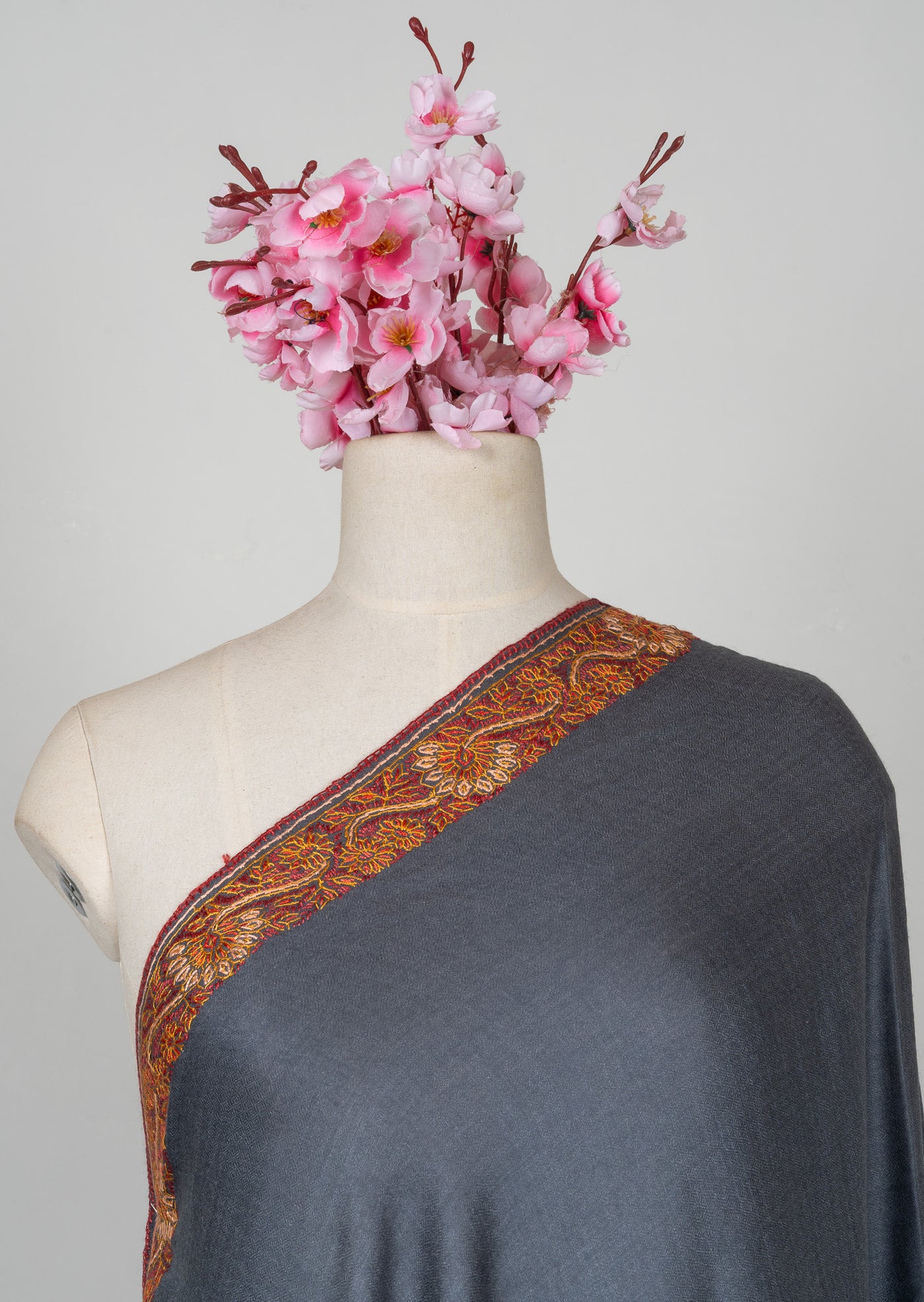 2.5 Yards Sozni Hand Embroidered Shawl in Deep Teal Floral Border