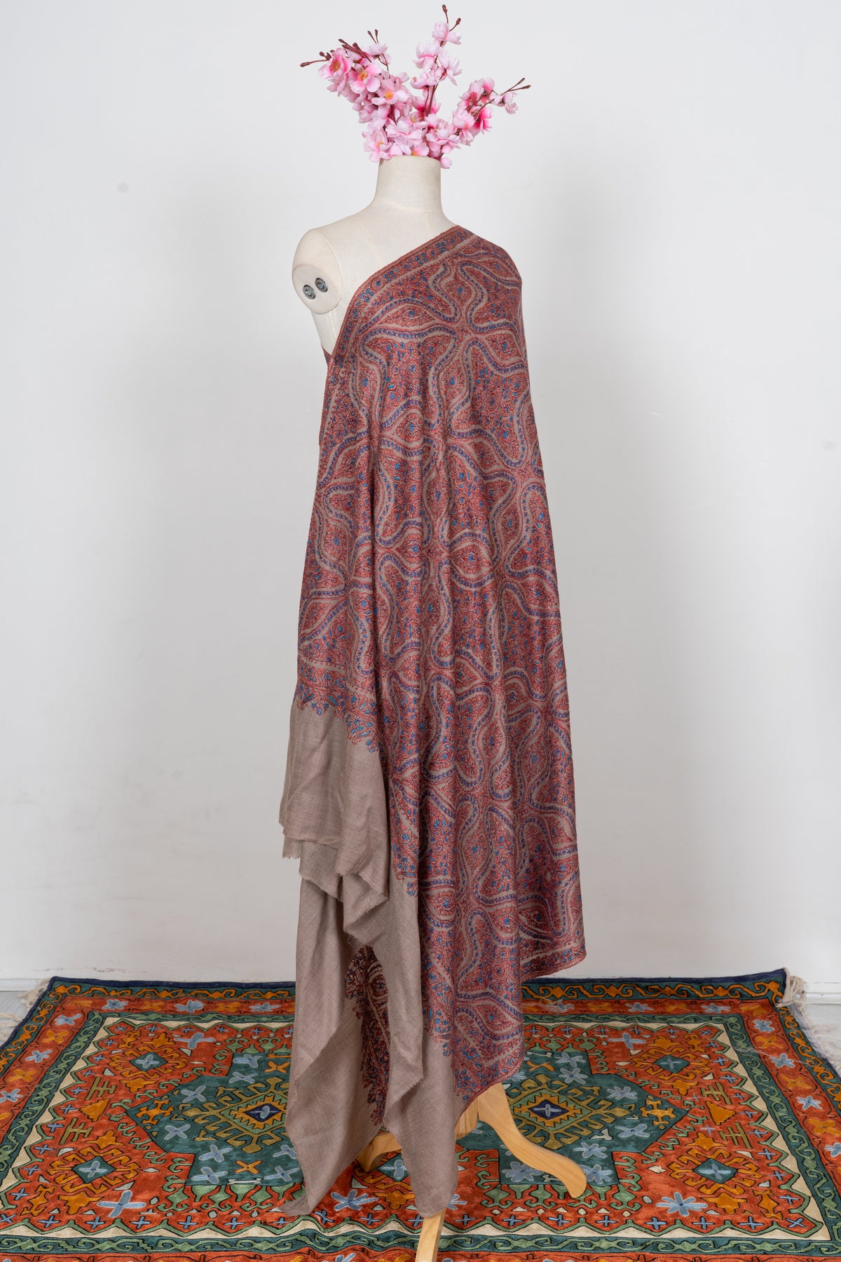 Dusty Rose Paisley Heritage: Merino Wool Hand Embroidered 2.5 Yards Jamawar Shawl