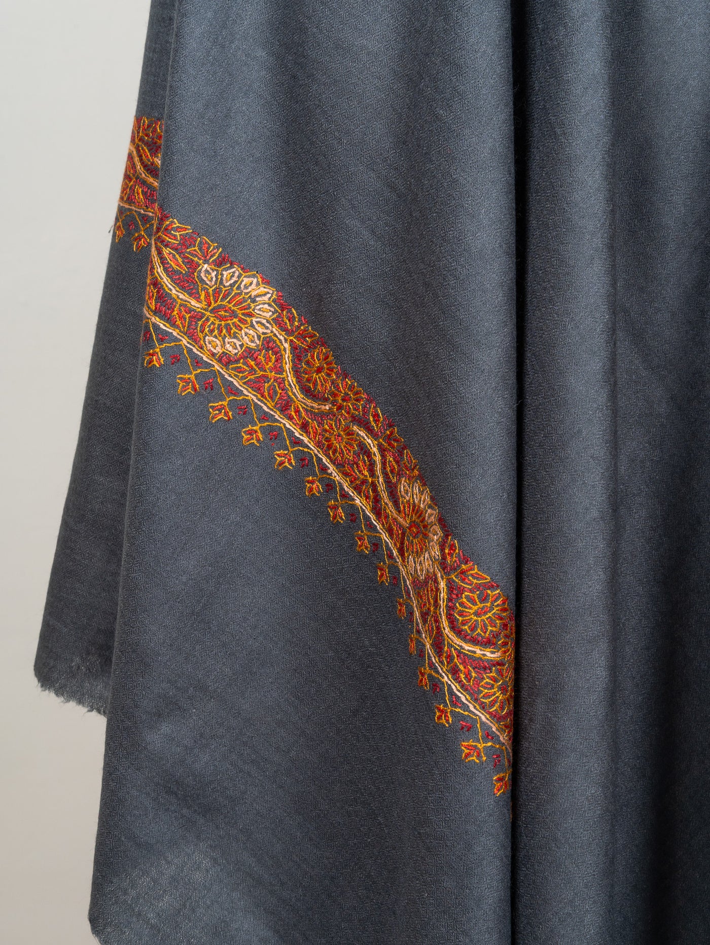 2.5 Yards Sozni Hand Embroidered Shawl in Deep Teal Floral Border