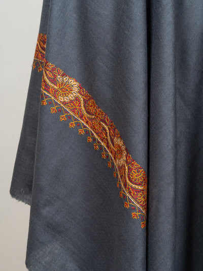 2.5 Yards Sozni Hand Embroidered Shawl in Deep Teal Floral Border