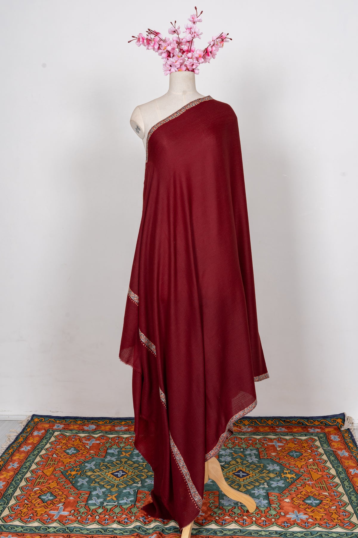 Deep Maroon Heritage Border: Merino Wool Hand Embroidered 2.5 Yards Shawl
