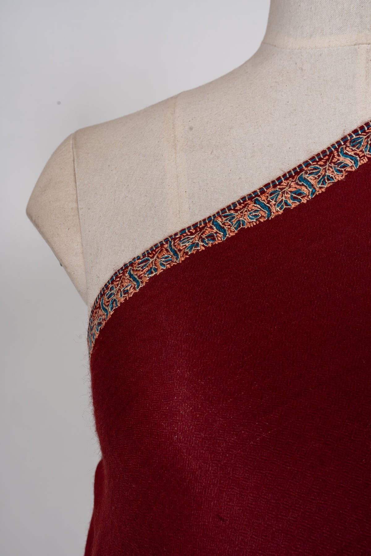 Deep Maroon Heritage Border: Merino Wool Hand Embroidered 2.5 Yards Shawl