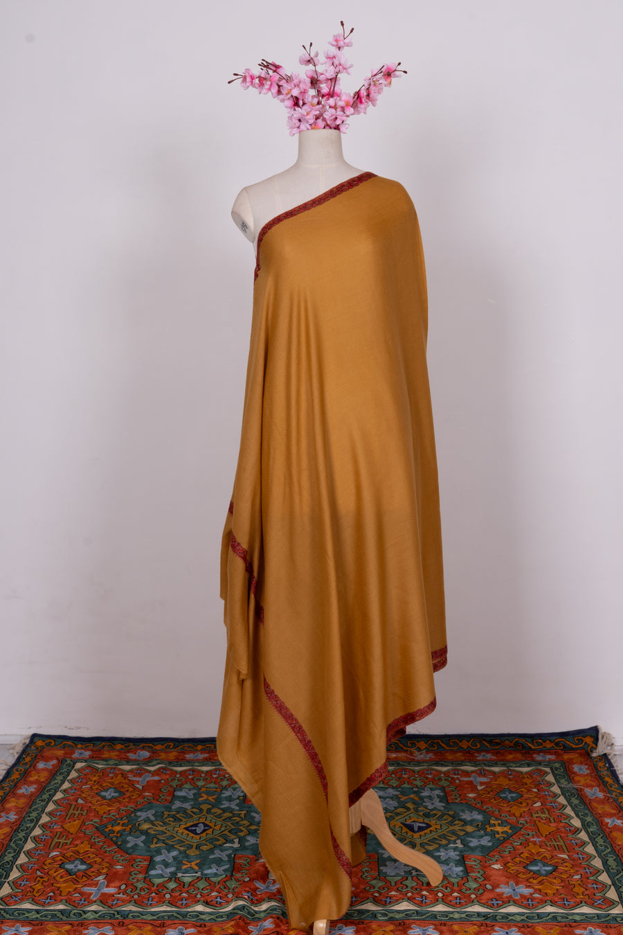Mustard Minimal Border: Merino Wool Hand Embroidered 2.5 Yards Shawl