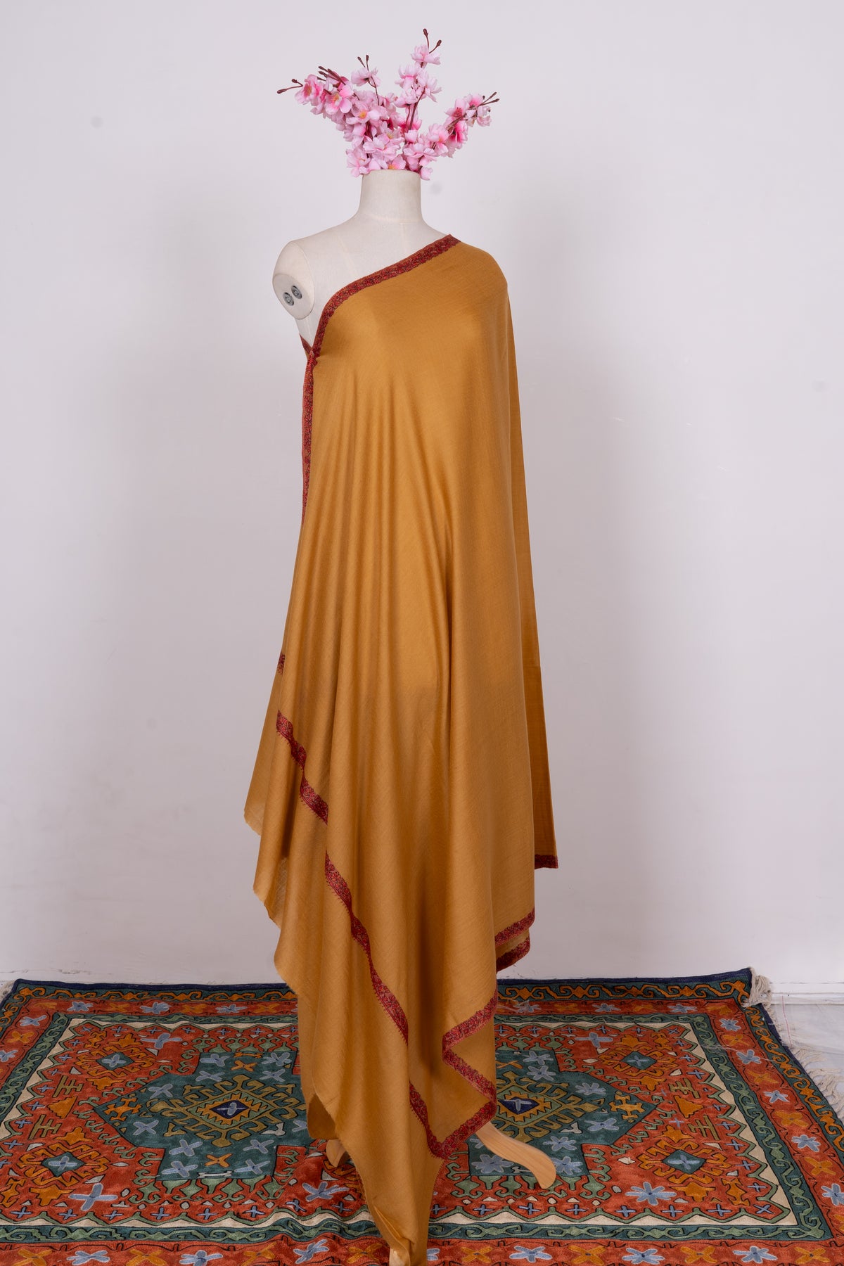 Mustard Minimal Border: Merino Wool Hand Embroidered 2.5 Yards Shawl