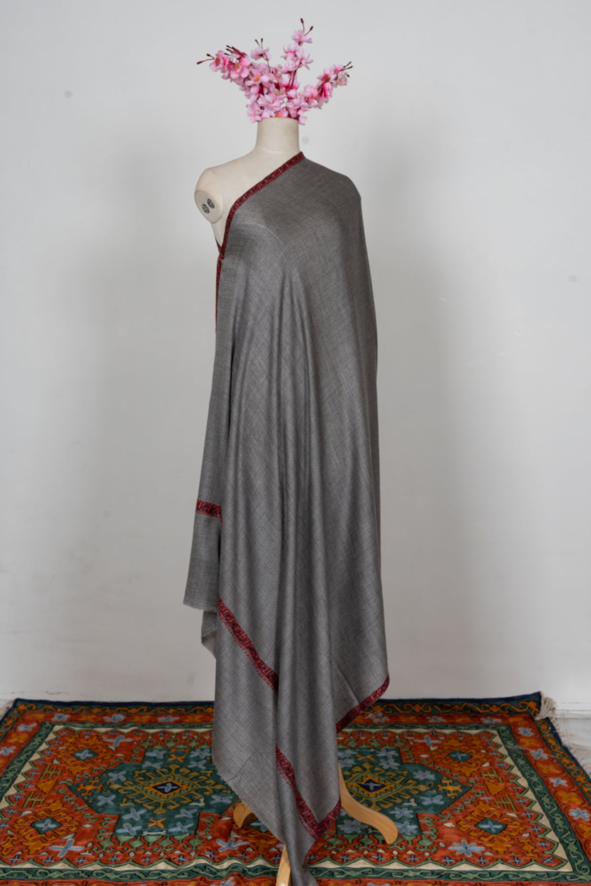 Steel Grey Crimson Edge: Merino Wool Hand Embroidered 2.5 Yards Shawl