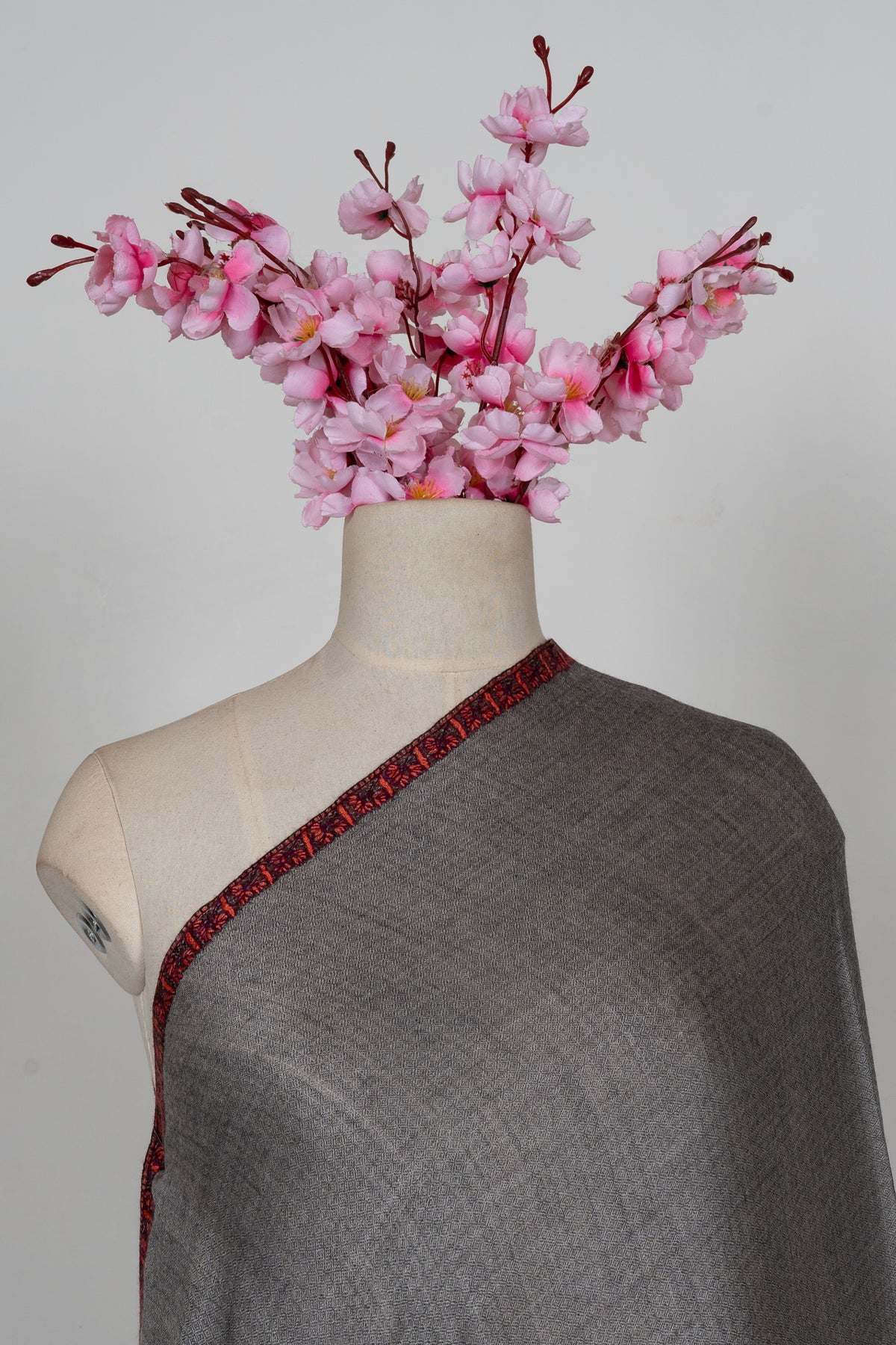 Steel Grey Crimson Edge: Merino Wool Hand Embroidered 2.5 Yards Shawl