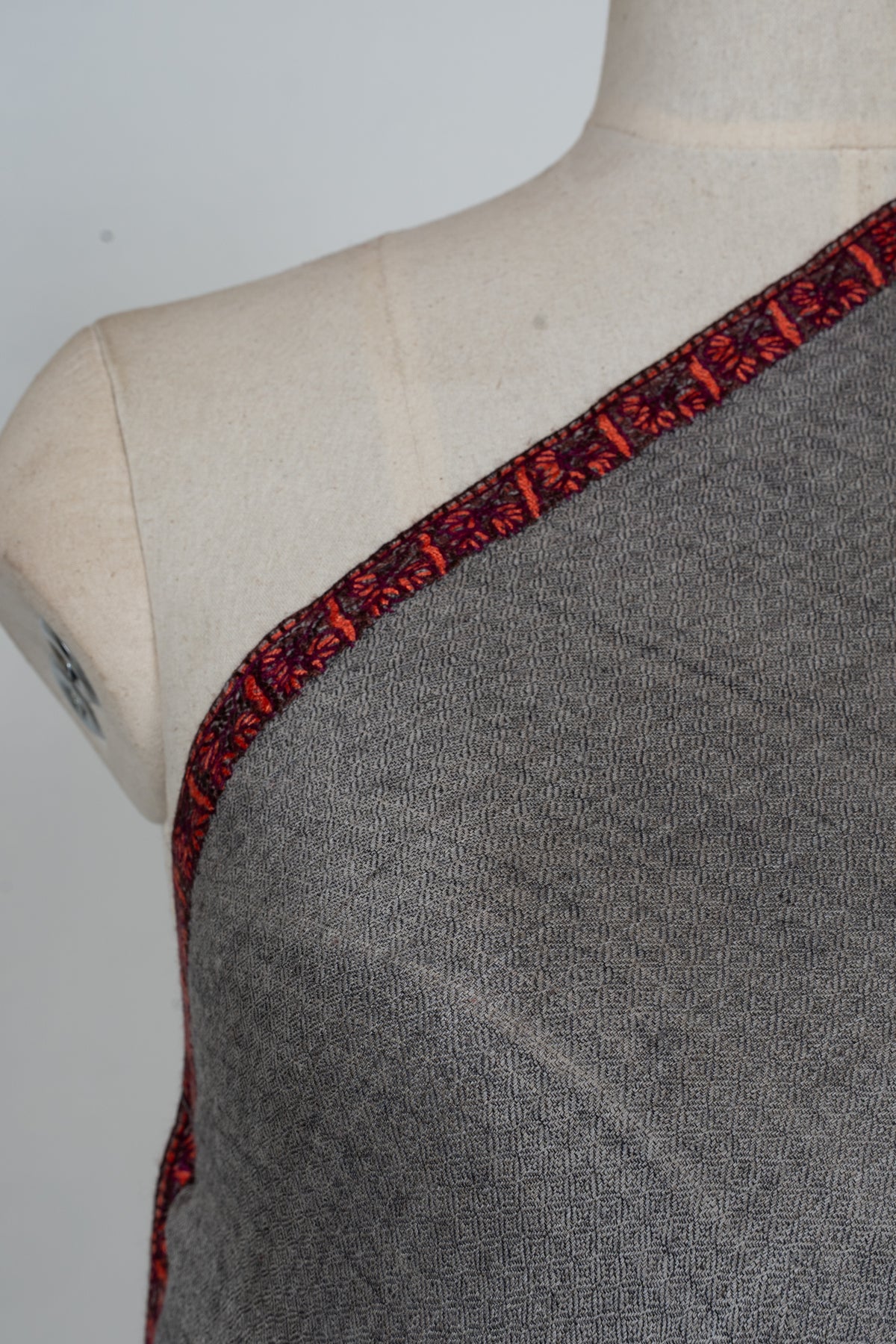 Steel Grey Crimson Edge: Merino Wool Hand Embroidered 2.5 Yards Shawl