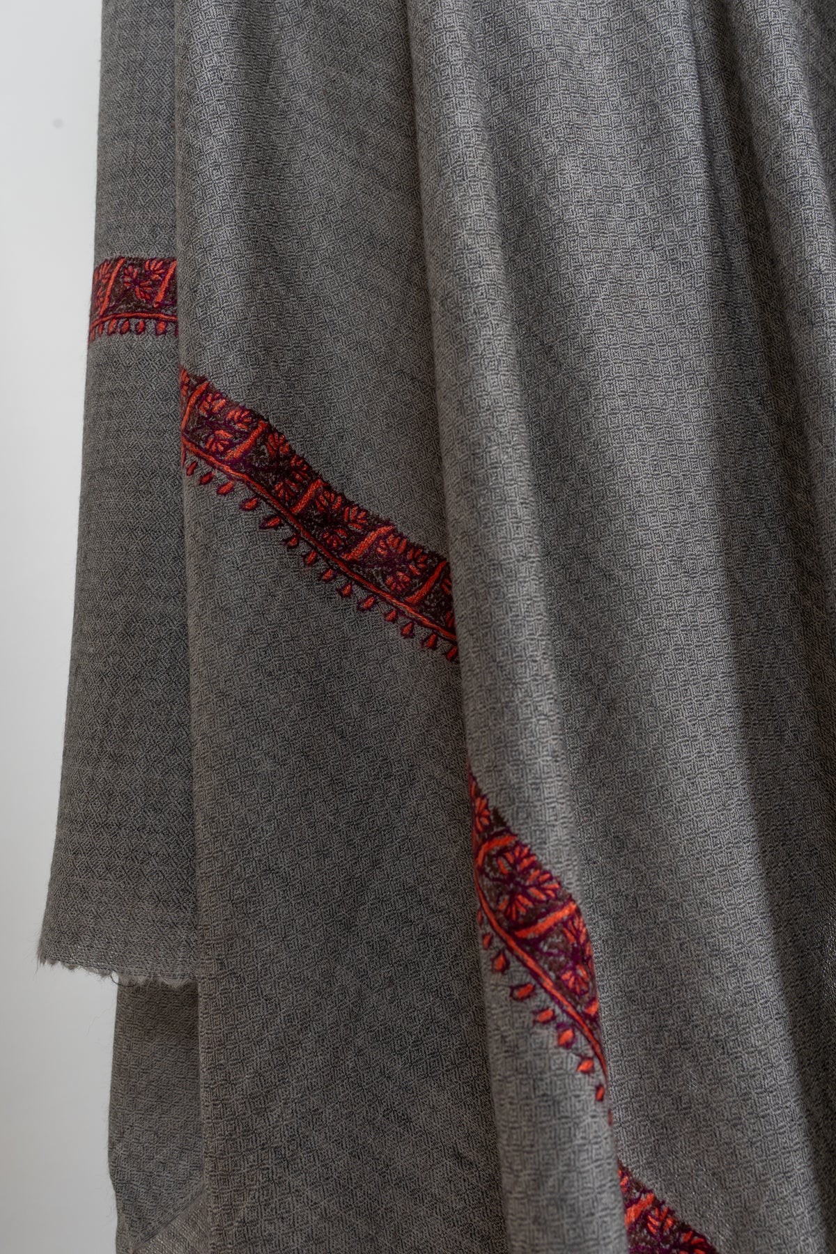 Steel Grey Crimson Edge: Merino Wool Hand Embroidered 2.5 Yards Shawl
