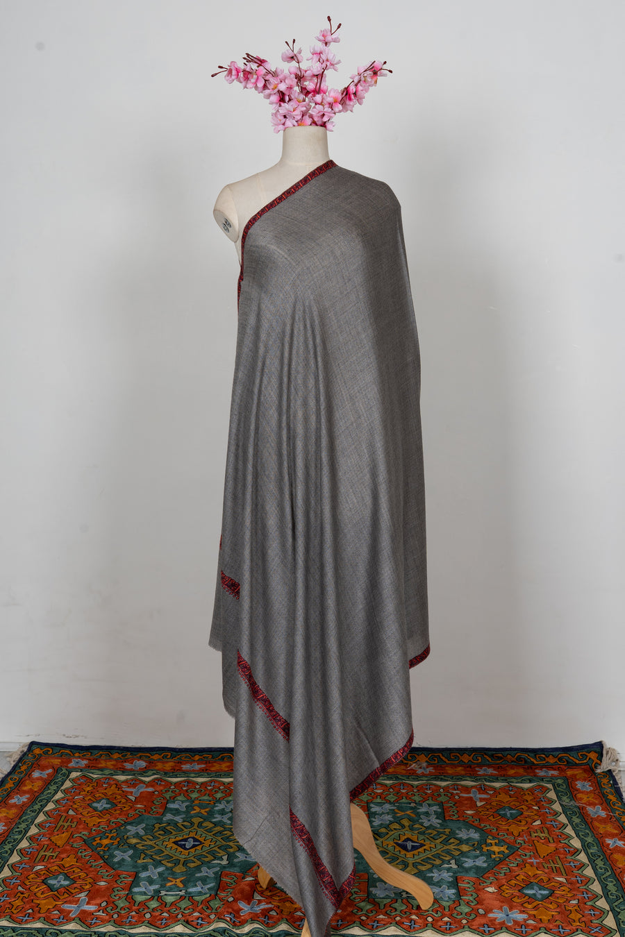 Steel Grey Crimson Edge: Merino Wool Hand Embroidered 2.5 Yards Shawl