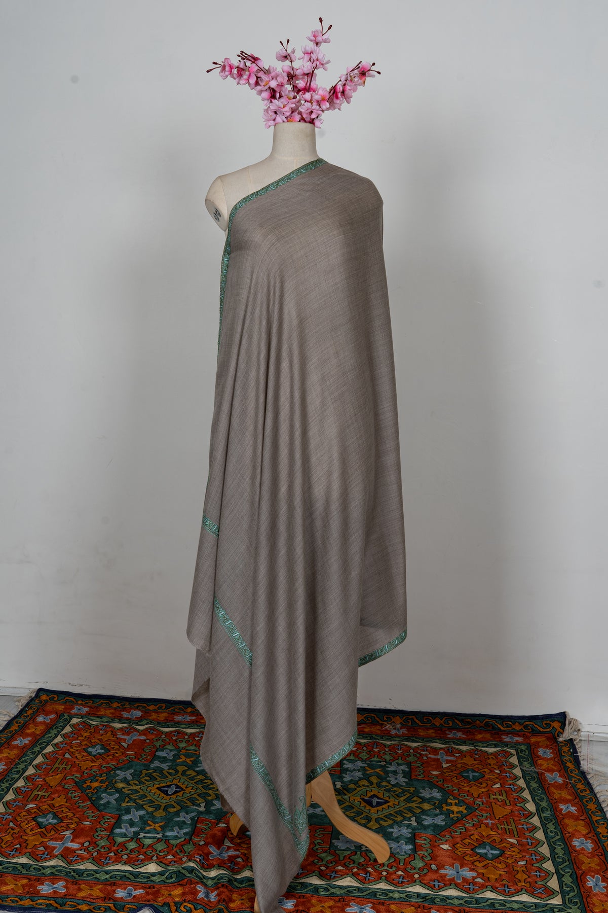 Taupe Mint Border Grace: Merino Wool Hand Embroidered 2.5 Yards Shawl