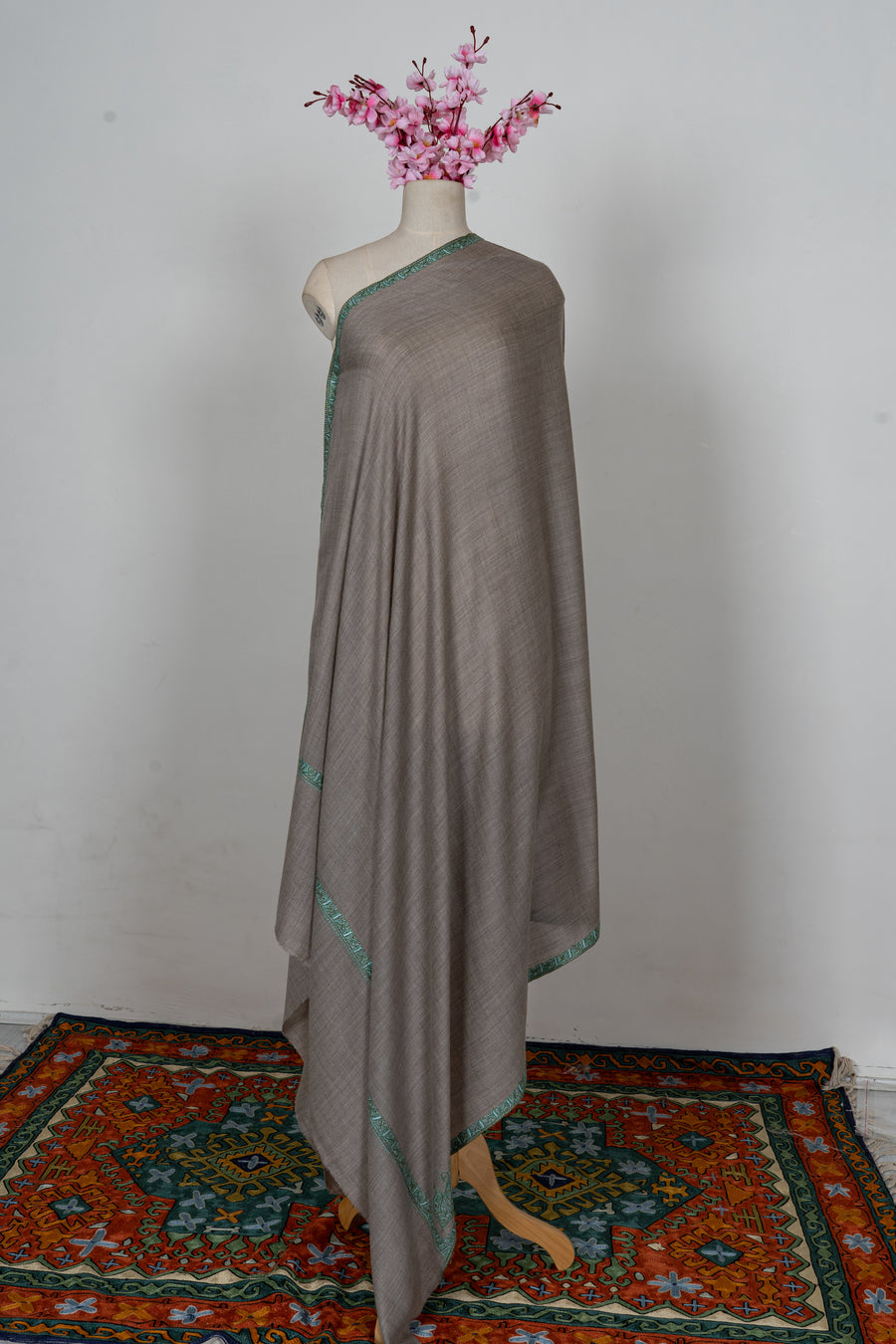 Taupe Mint Border Grace: Merino Wool Hand Embroidered 2.5 Yards Shawl
