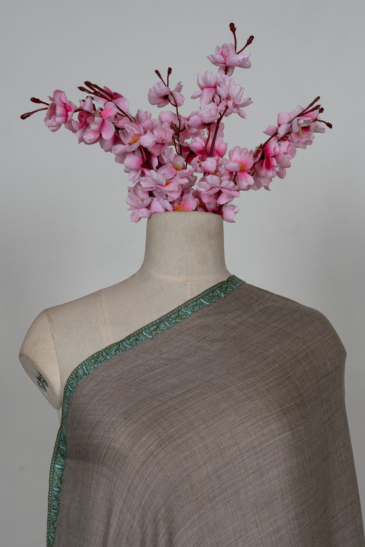 Taupe Mint Border Grace: Merino Wool Hand Embroidered 2.5 Yards Shawl