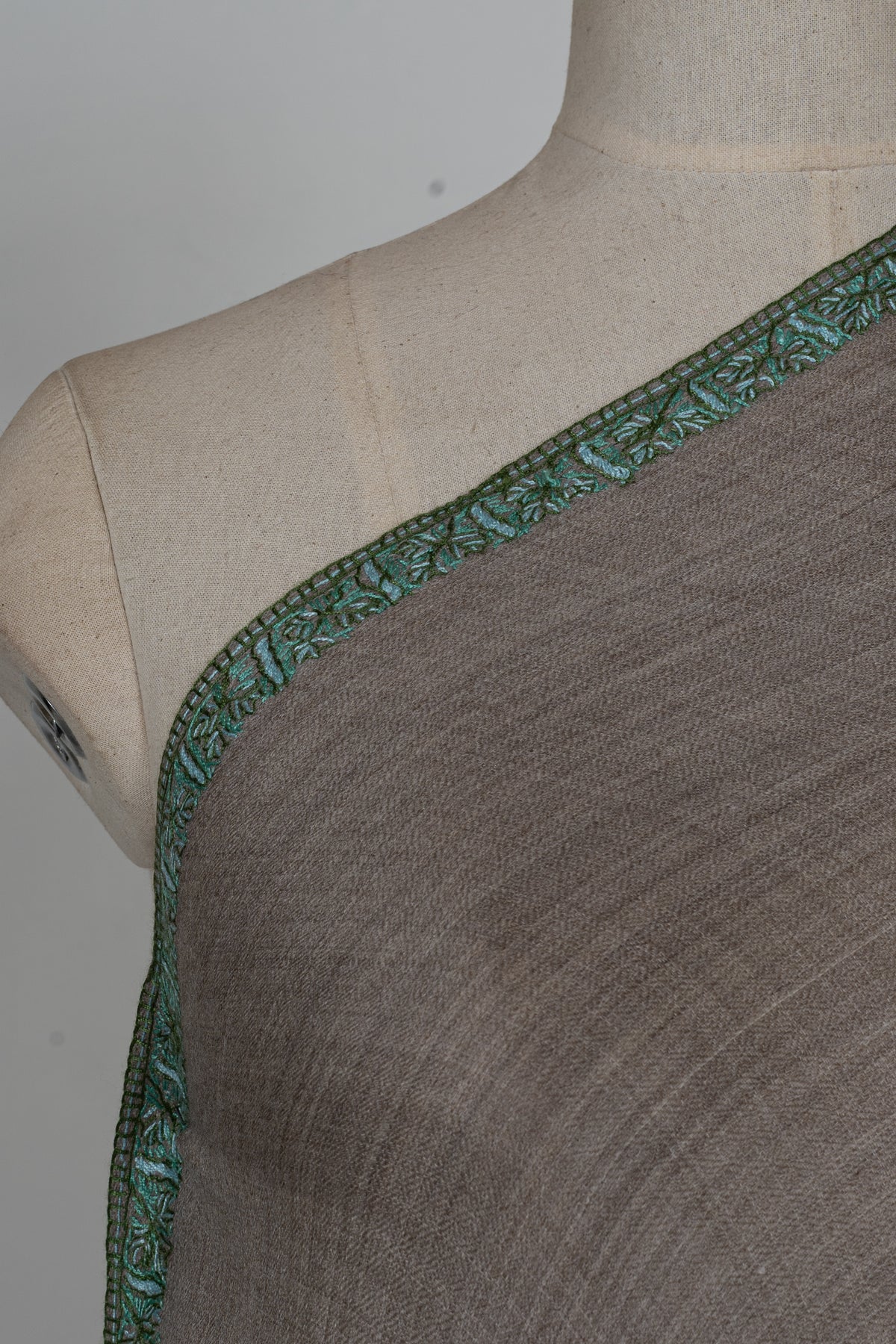 Taupe Mint Border Grace: Merino Wool Hand Embroidered 2.5 Yards Shawl