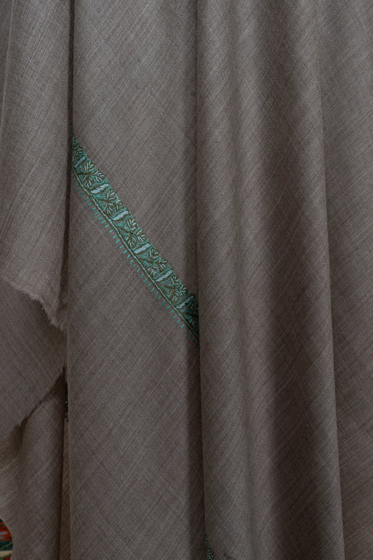 Taupe Mint Border Grace: Merino Wool Hand Embroidered 2.5 Yards Shawl