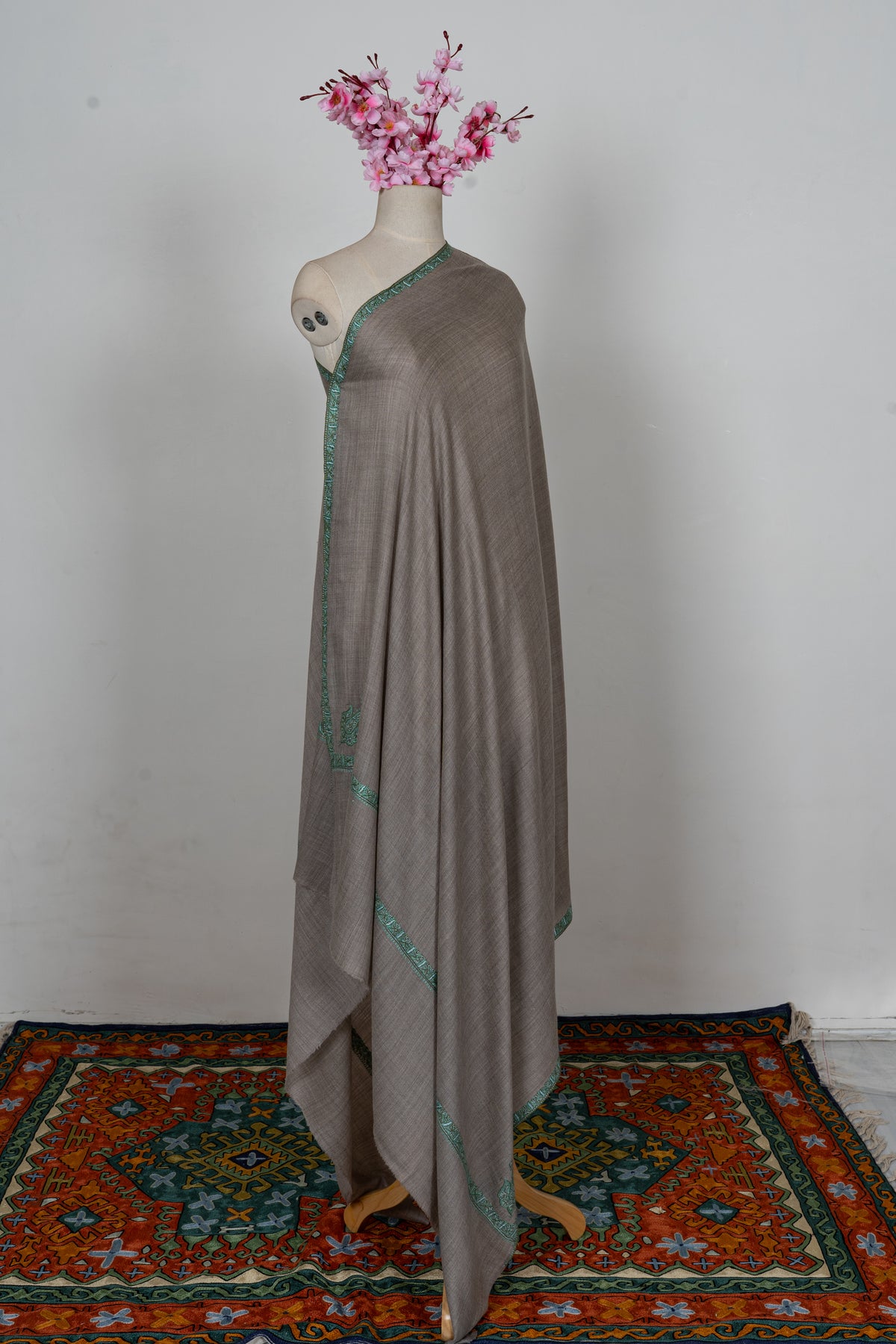 Taupe Mint Border Grace: Merino Wool Hand Embroidered 2.5 Yards Shawl