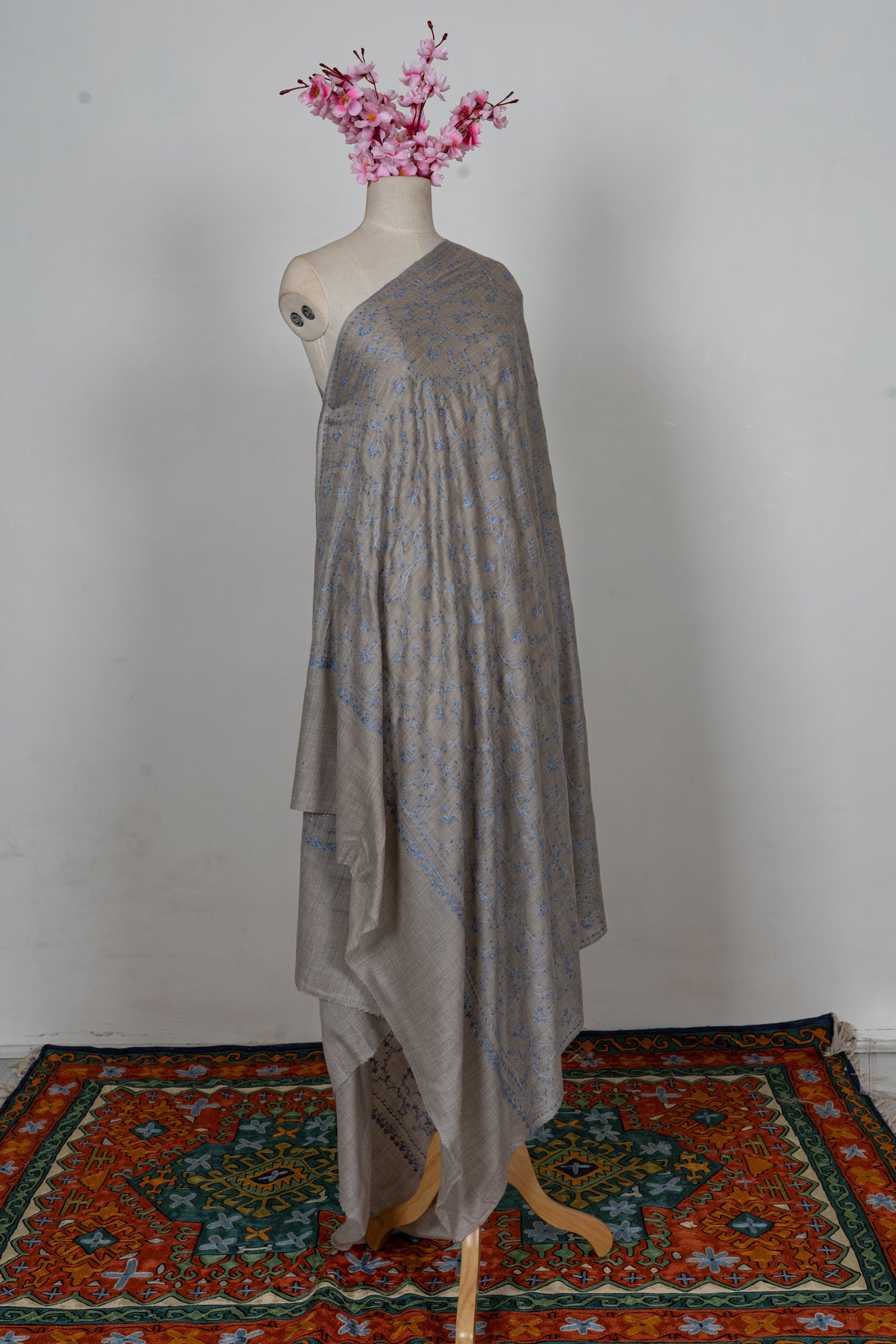 Ash Blue Floral Whisper: Merino Wool Hand Embroidered 2.5 Yards Shawl