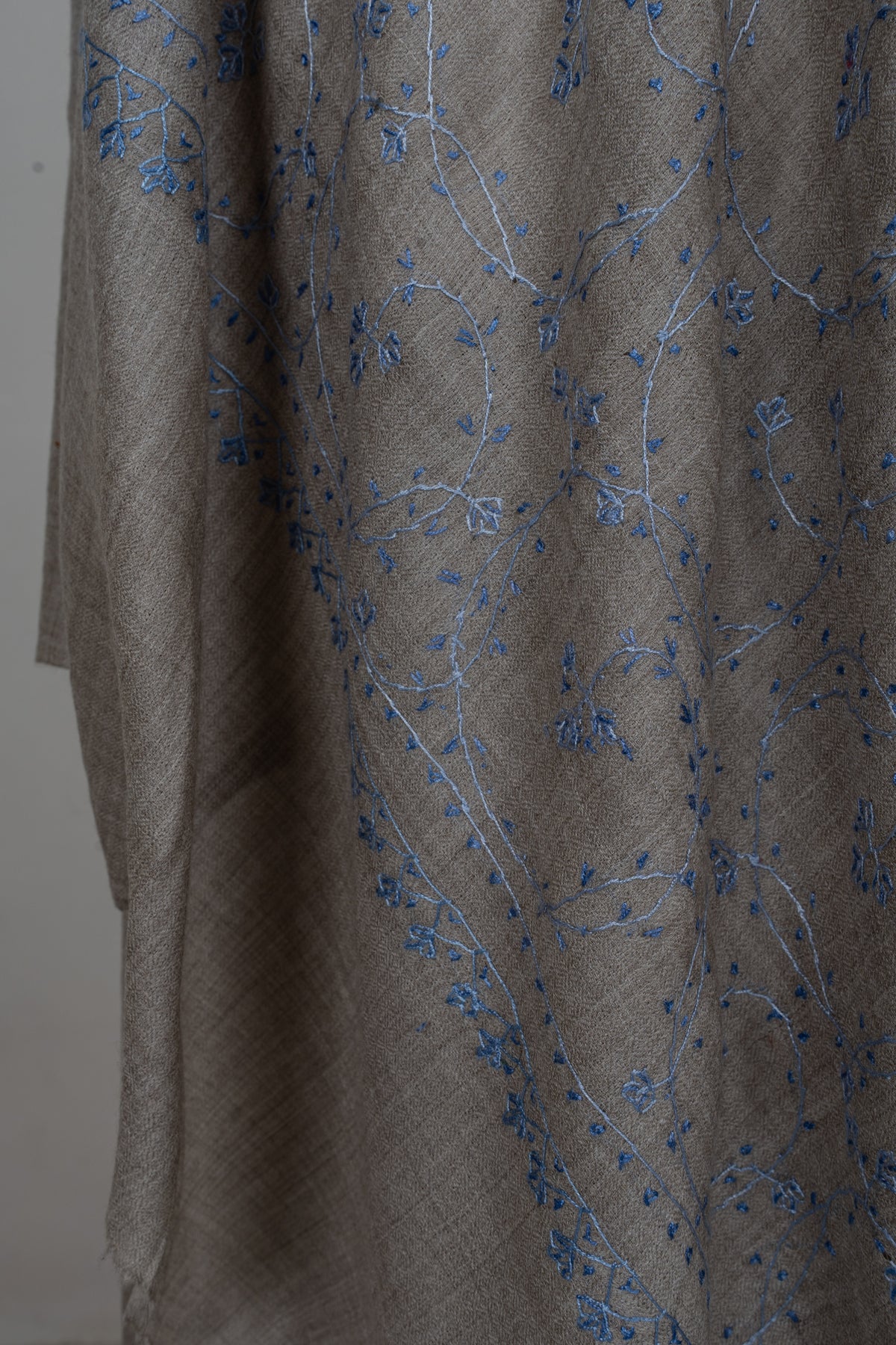 Ash Blue Floral Whisper: Merino Wool Hand Embroidered 2.5 Yards Shawl
