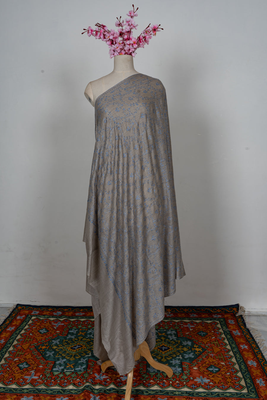 Ash Blue Floral Whisper: Merino Wool Hand Embroidered 2.5 Yards Shawl