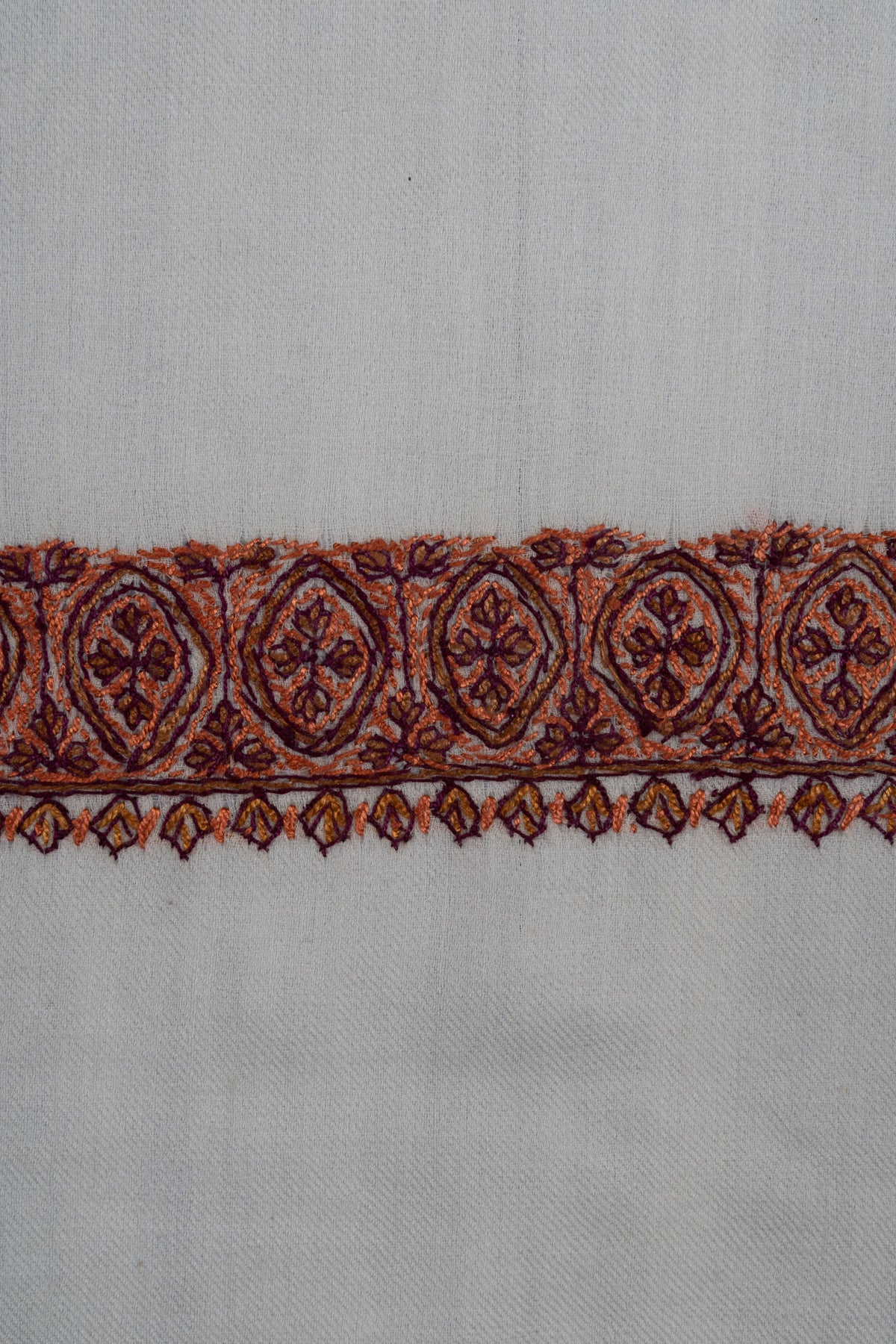 Cinnamon-toned Sozni floral medallions with dark outlines and small leaf edging across an ivory rumal border