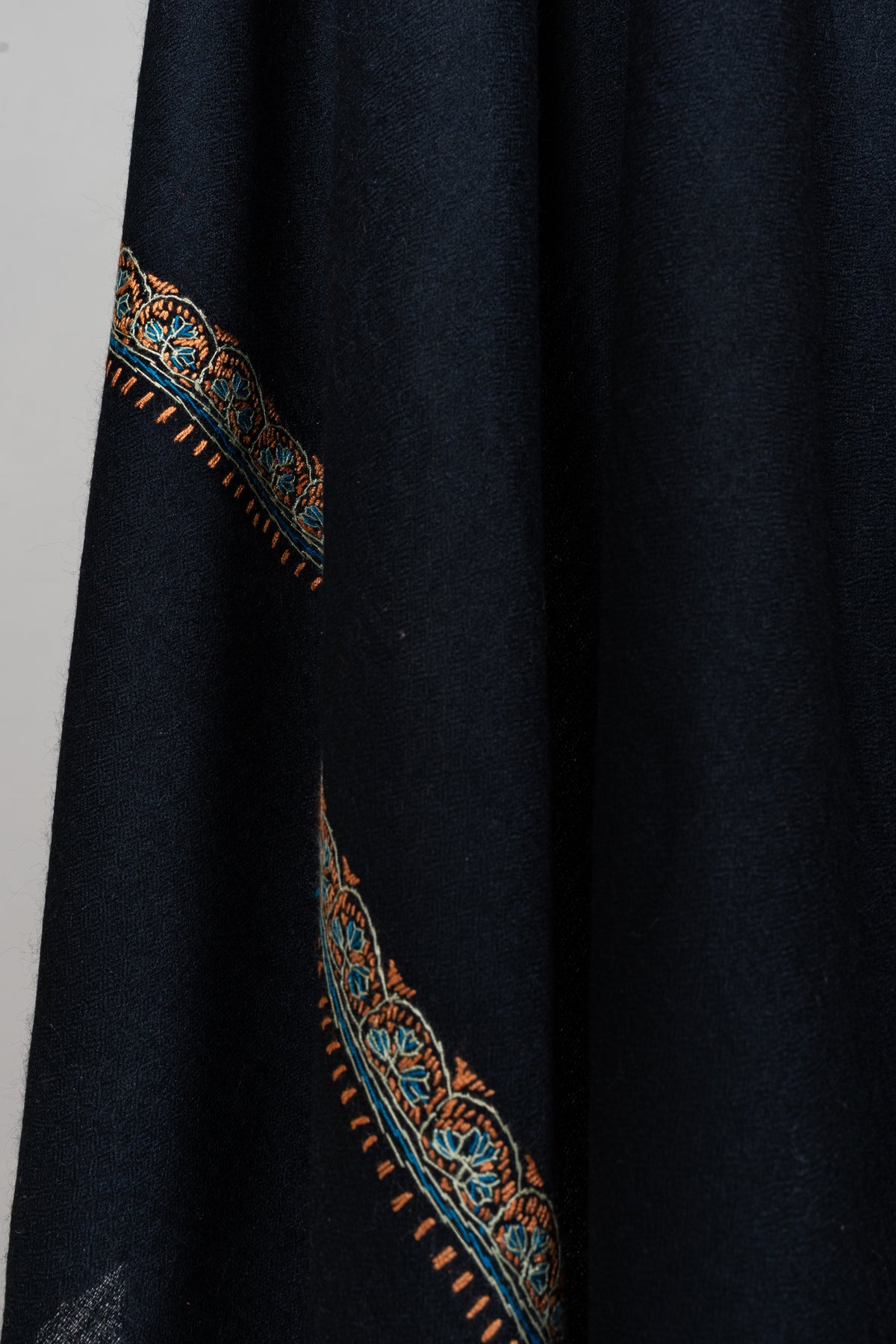 Midnight Black Regal Edge: Merino Wool Hand Embroidered 2.5 Yards Shawl