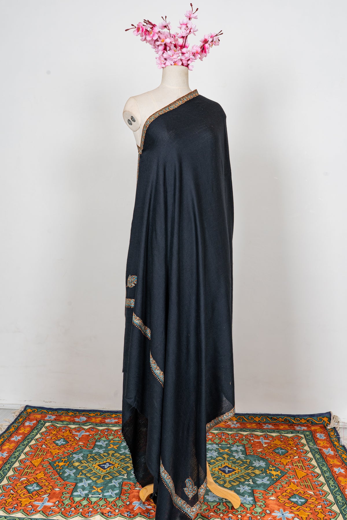 Midnight Black Regal Edge: Merino Wool Hand Embroidered 2.5 Yards Shawl