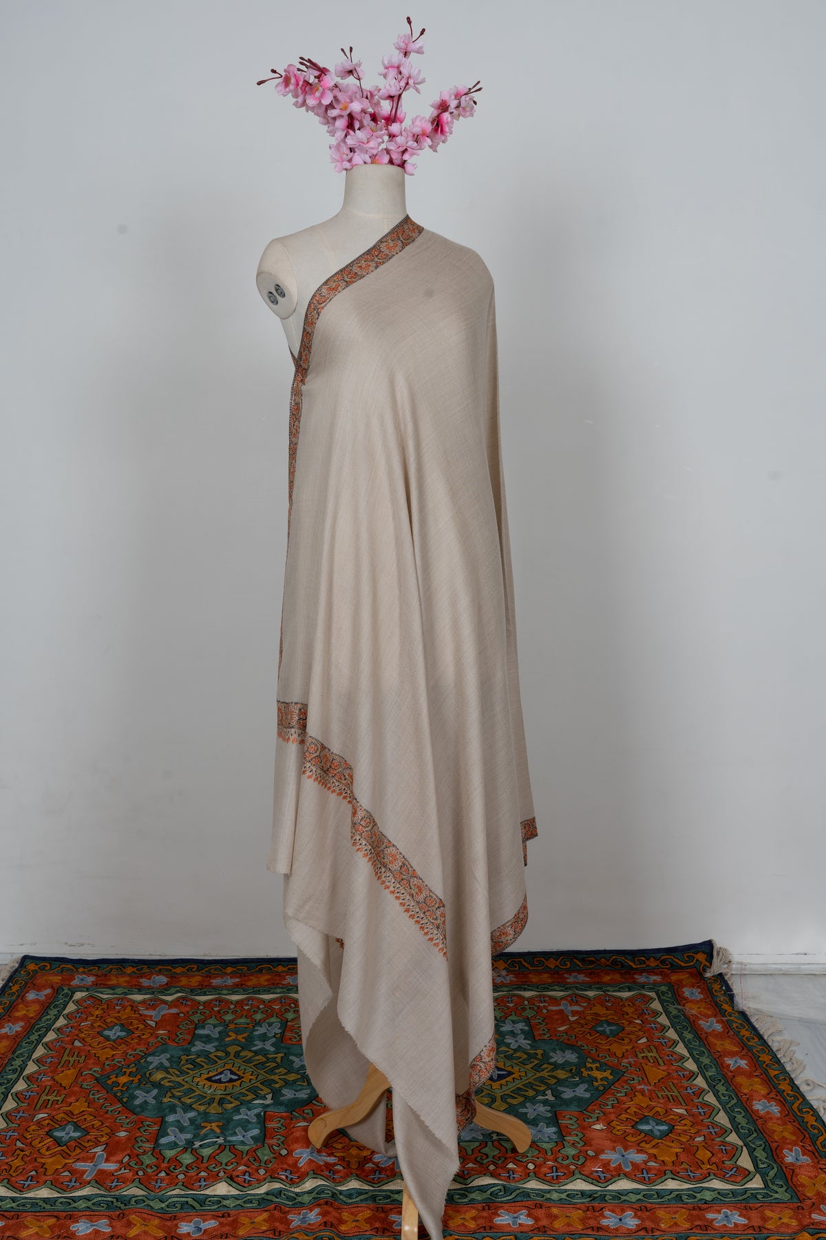 Ivory Rust Border Elegance: Merino Wool Hand Embroidered 2.5 Yards Shawl