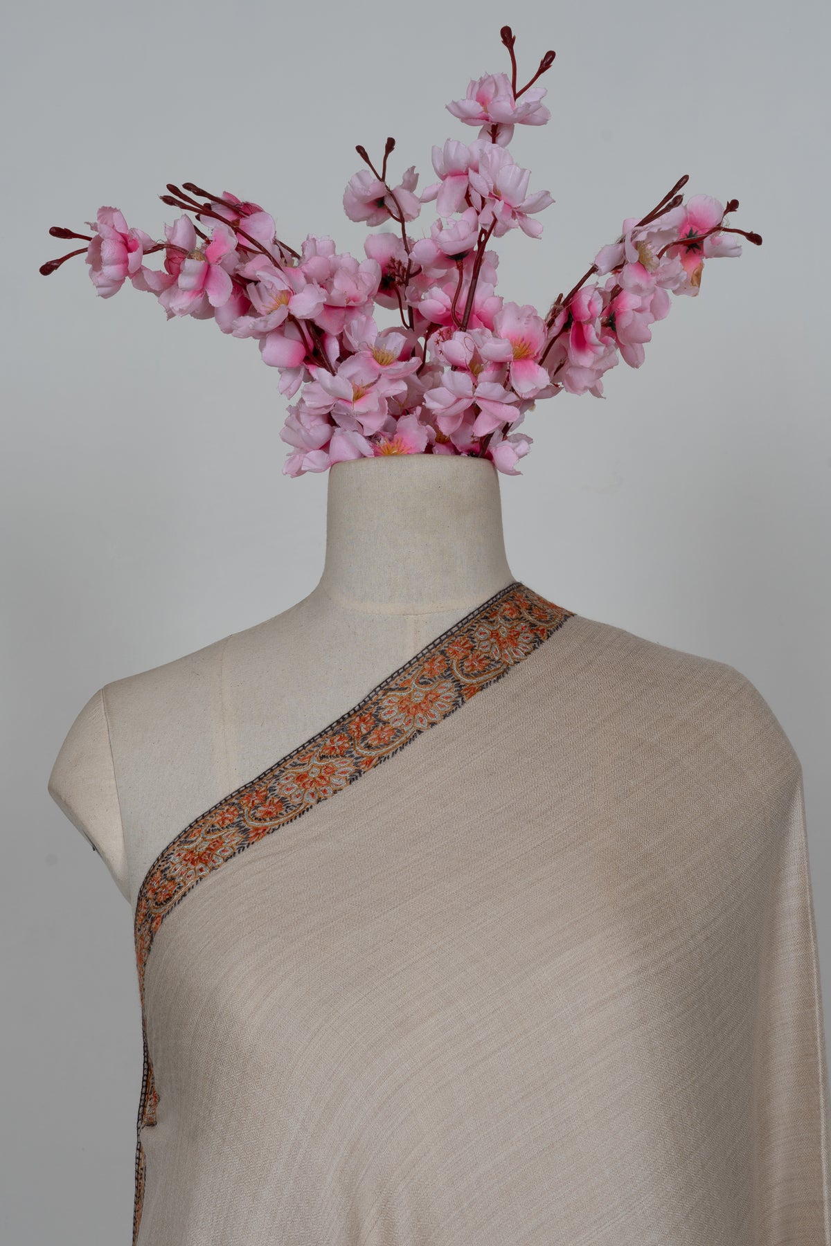 Ivory Rust Border Elegance: Merino Wool Hand Embroidered 2.5 Yards Shawl