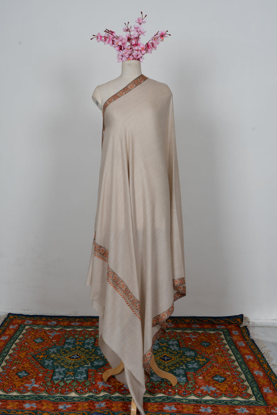 Ivory Rust Border Elegance: Merino Wool Hand Embroidered 2.5 Yards Shawl