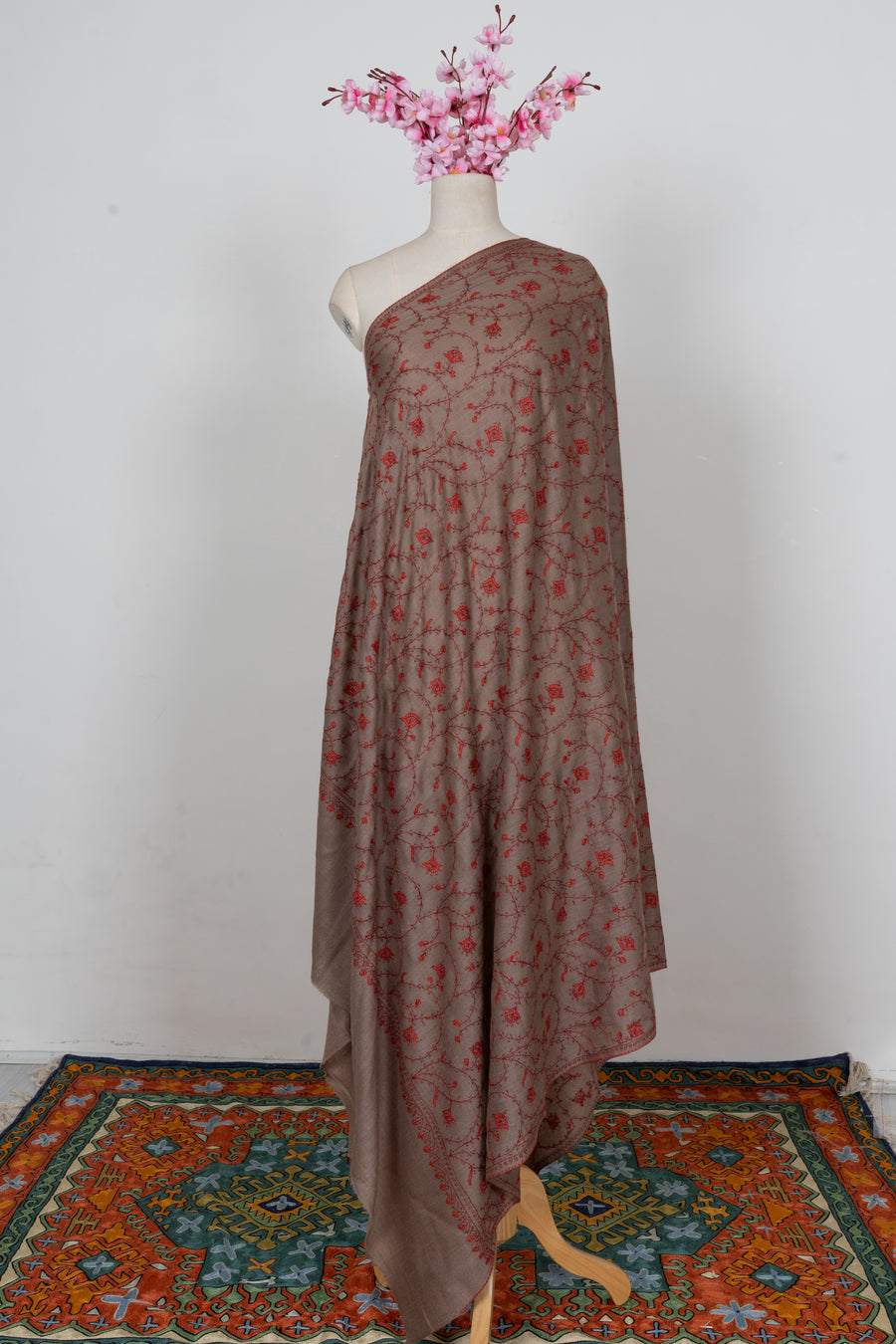 Taupe Crimson Floral Veil: Merino Wool Hand Embroidered 2.5 Yards Shawl