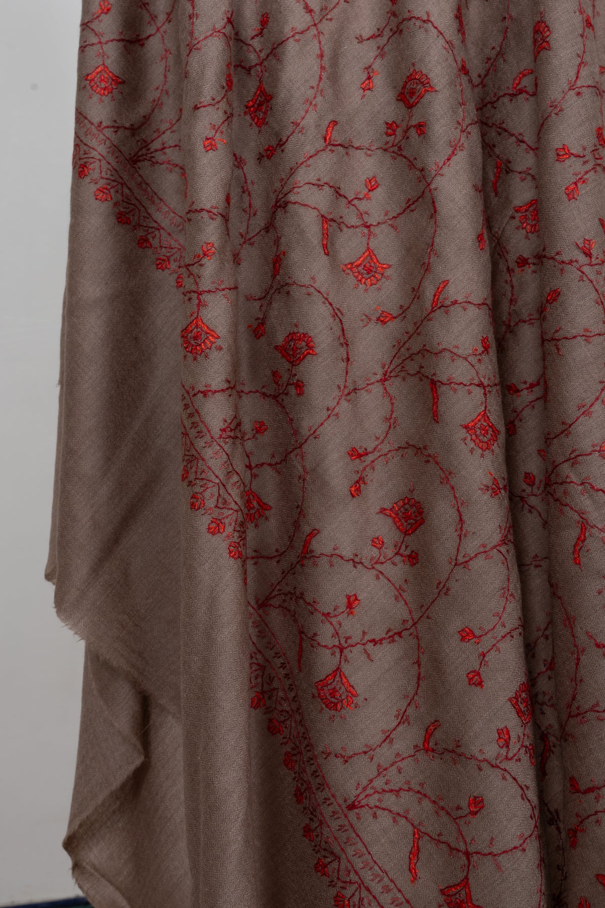 Taupe Crimson Floral Veil: Merino Wool Hand Embroidered 2.5 Yards Shawl
