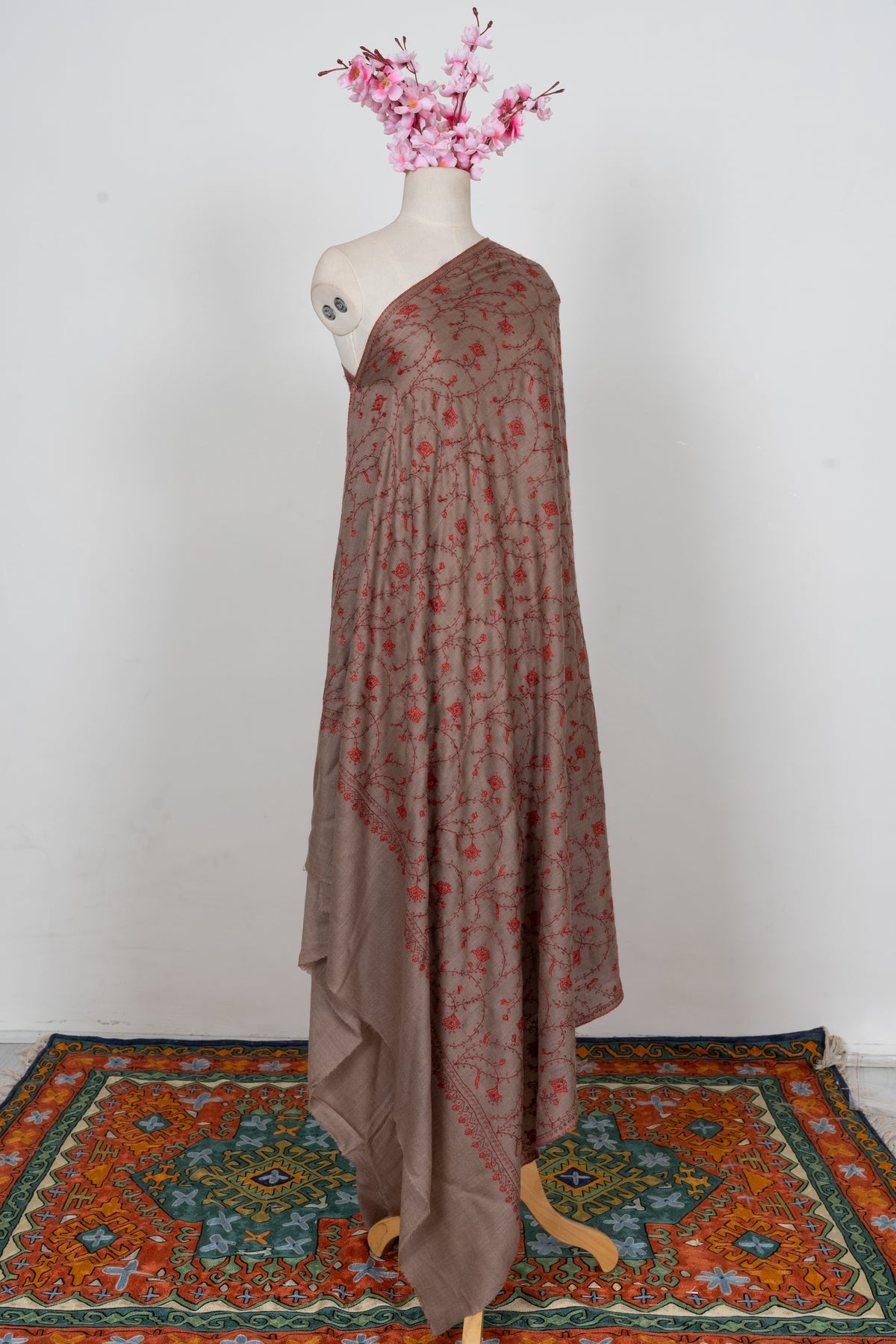 Taupe Crimson Floral Veil: Merino Wool Hand Embroidered 2.5 Yards Shawl