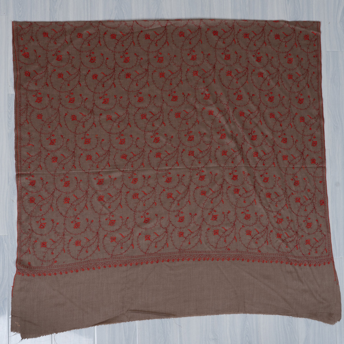 Taupe Crimson Floral Veil: Merino Wool Hand Embroidered 2.5 Yards Shawl