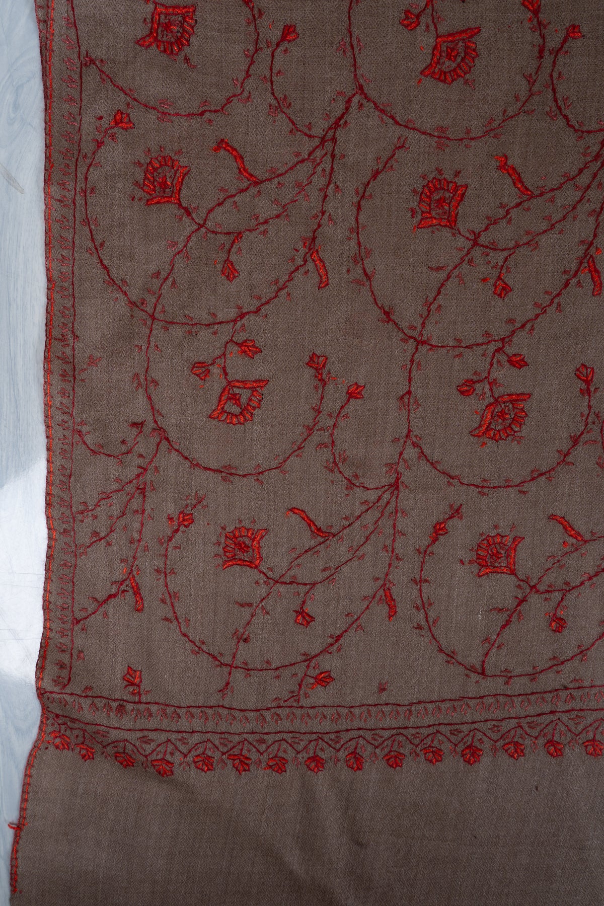 Taupe Crimson Floral Veil: Merino Wool Hand Embroidered 2.5 Yards Shawl