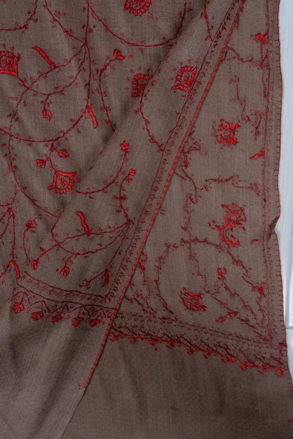 Taupe Crimson Floral Veil: Merino Wool Hand Embroidered 2.5 Yards Shawl