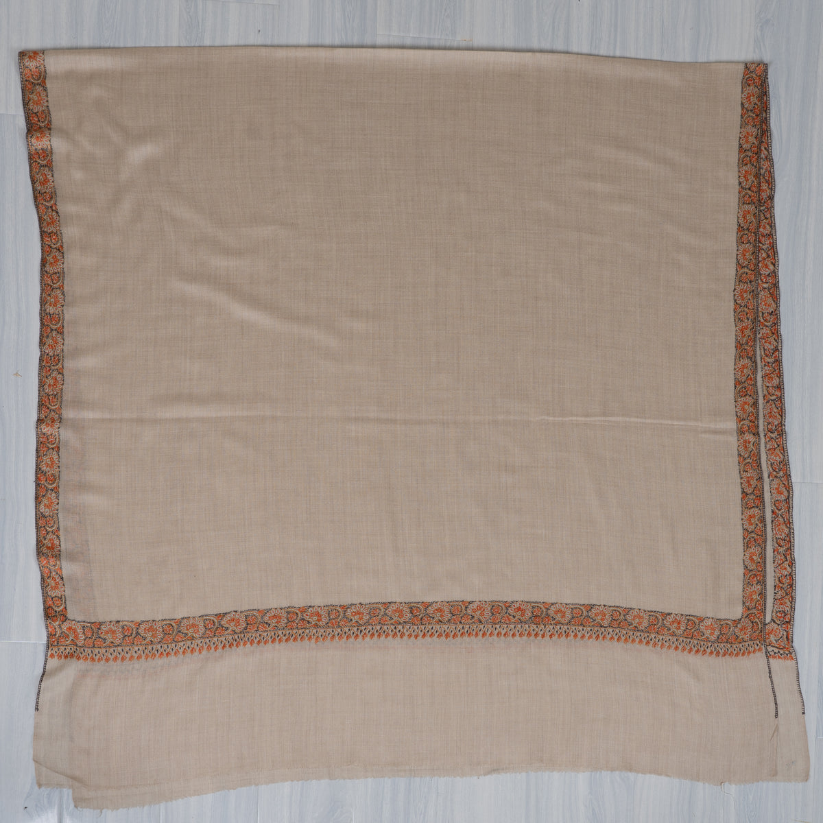 Ivory Rust Border Elegance: Merino Wool Hand Embroidered 2.5 Yards Shawl