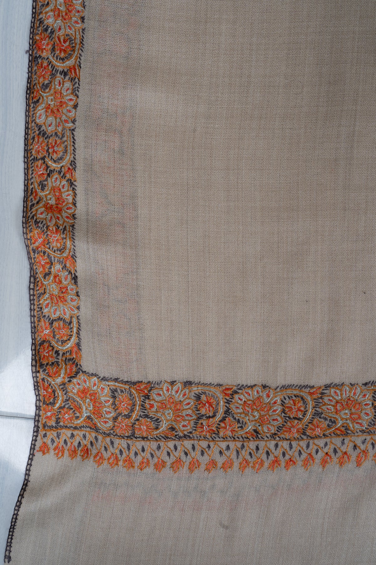 Ivory Rust Border Elegance: Merino Wool Hand Embroidered 2.5 Yards Shawl