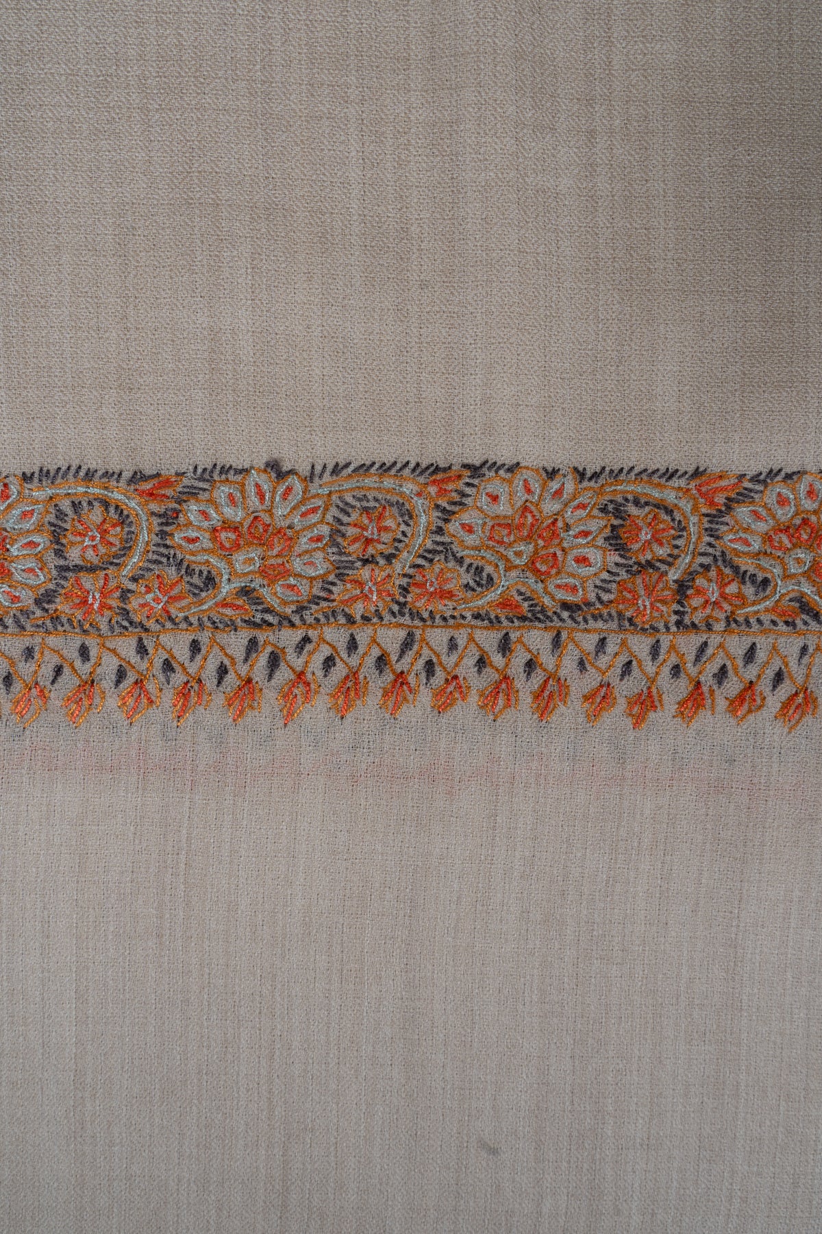 Ivory Rust Border Elegance: Merino Wool Hand Embroidered 2.5 Yards Shawl