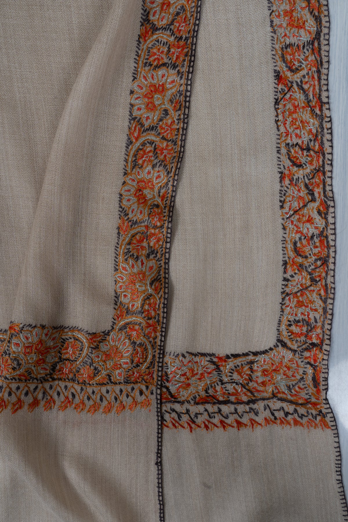 Ivory Rust Border Elegance: Merino Wool Hand Embroidered 2.5 Yards Shawl