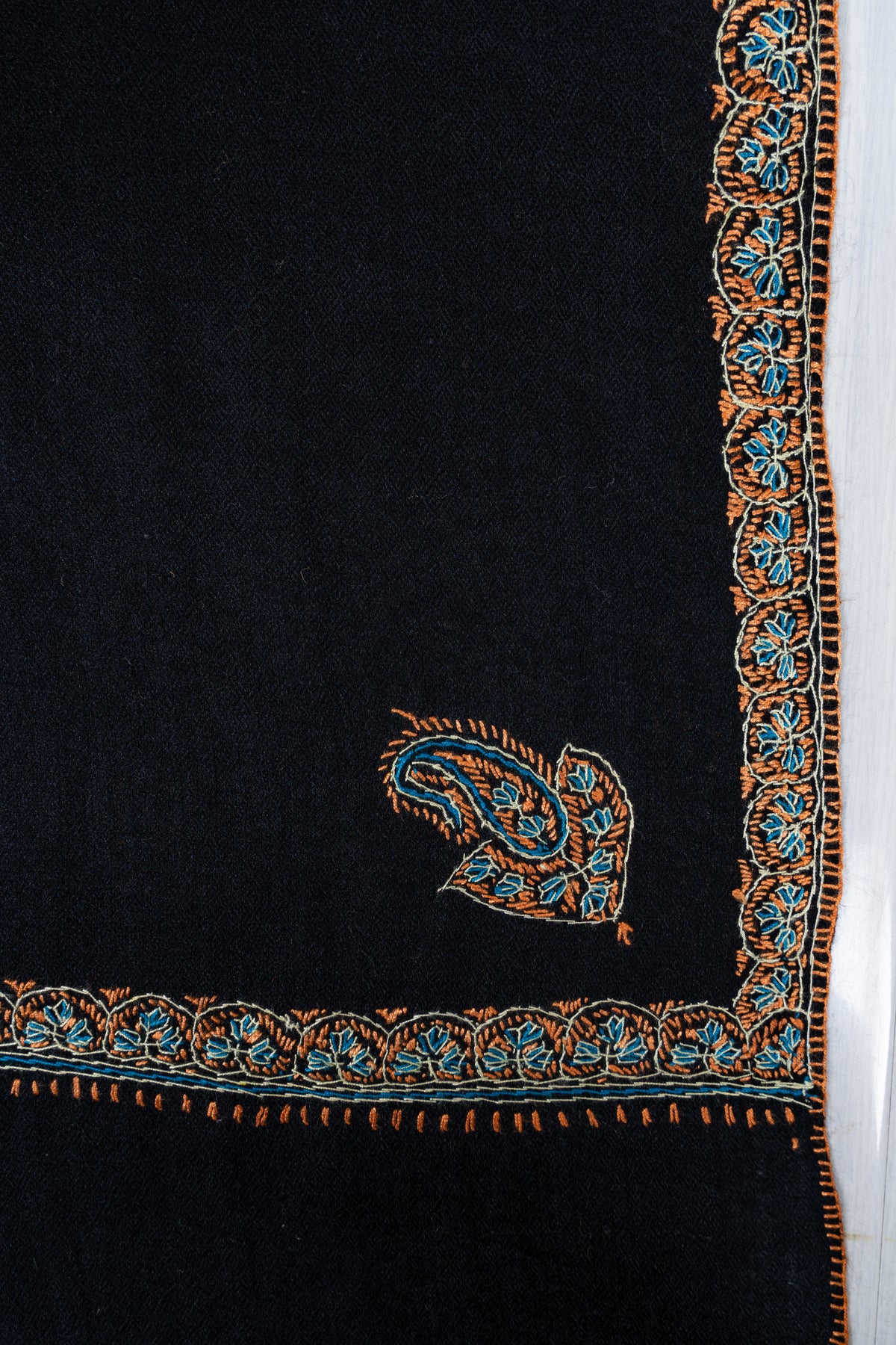Midnight Black Regal Edge: Merino Wool Hand Embroidered 2.5 Yards Shawl