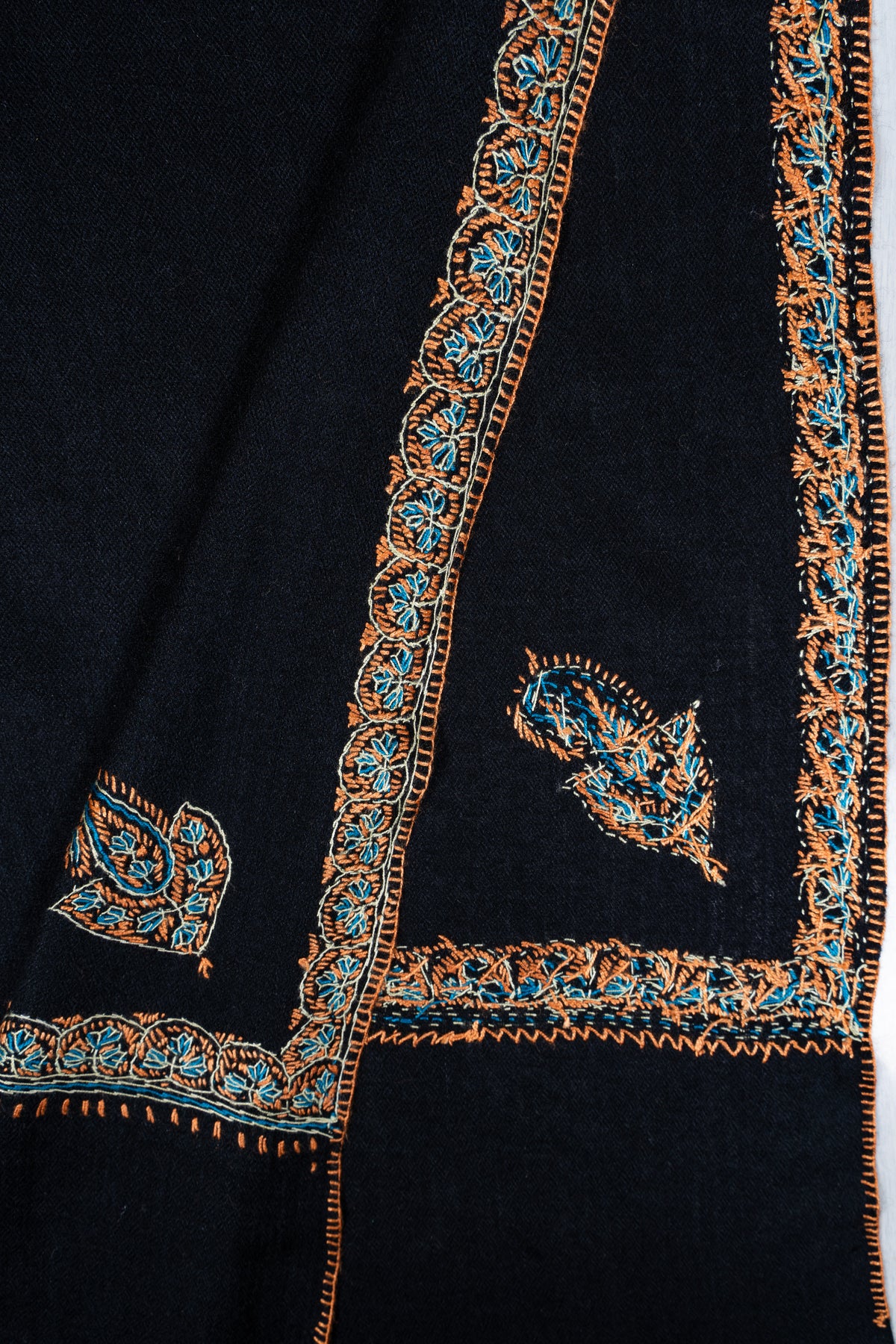 Midnight Black Regal Edge: Merino Wool Hand Embroidered 2.5 Yards Shawl