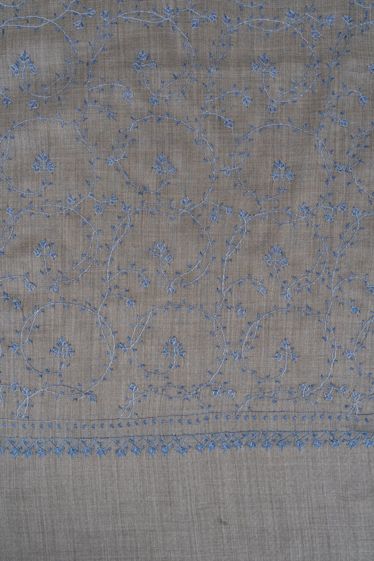 Ash Blue Floral Whisper: Merino Wool Hand Embroidered 2.5 Yards Shawl