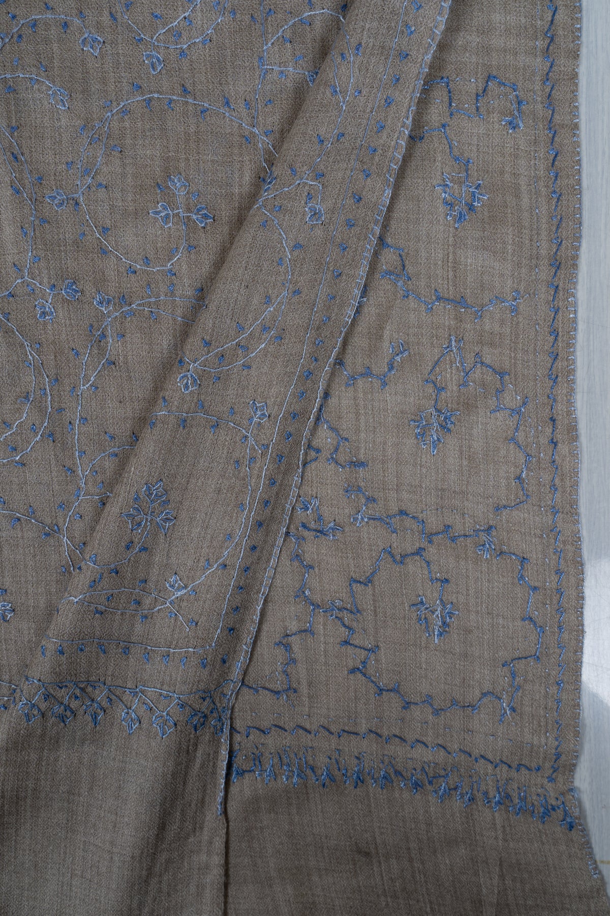Ash Blue Floral Whisper: Merino Wool Hand Embroidered 2.5 Yards Shawl