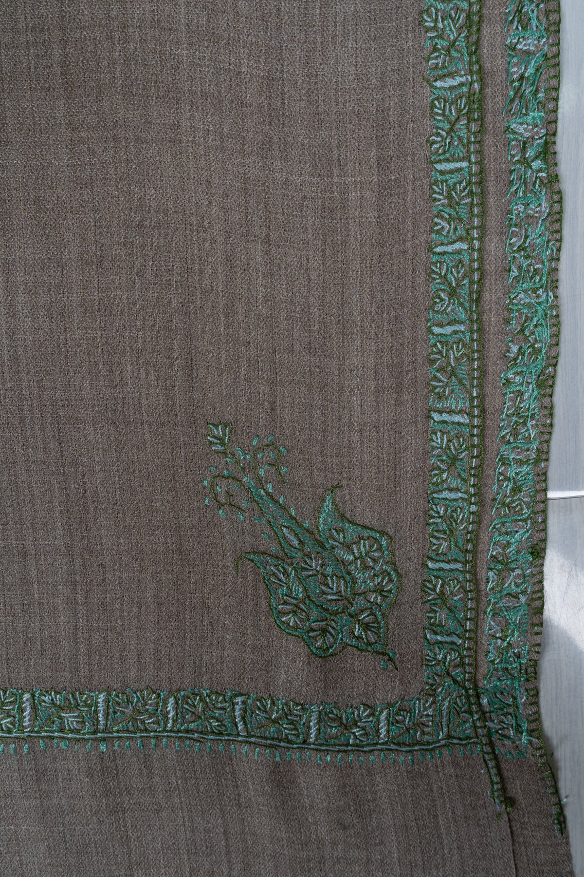 Taupe Mint Border Grace: Merino Wool Hand Embroidered 2.5 Yards Shawl