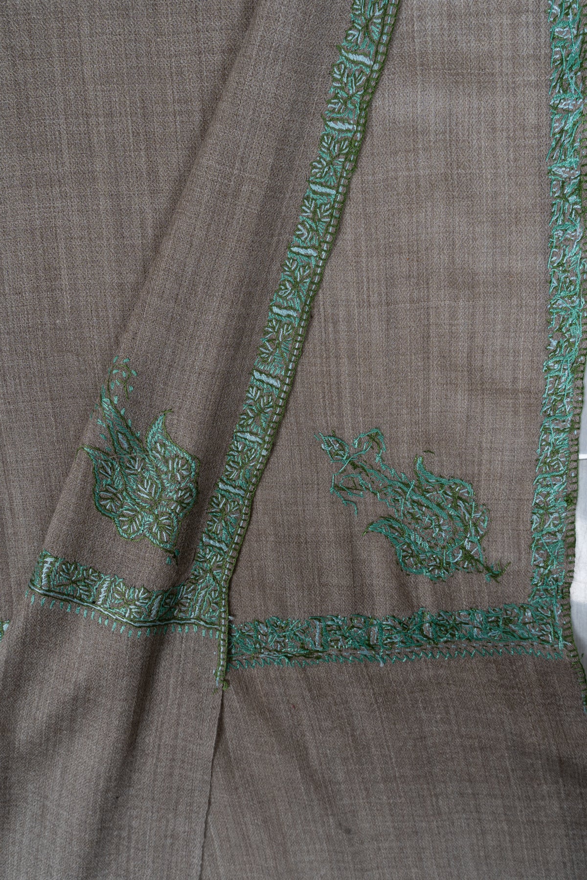 Taupe Mint Border Grace: Merino Wool Hand Embroidered 2.5 Yards Shawl