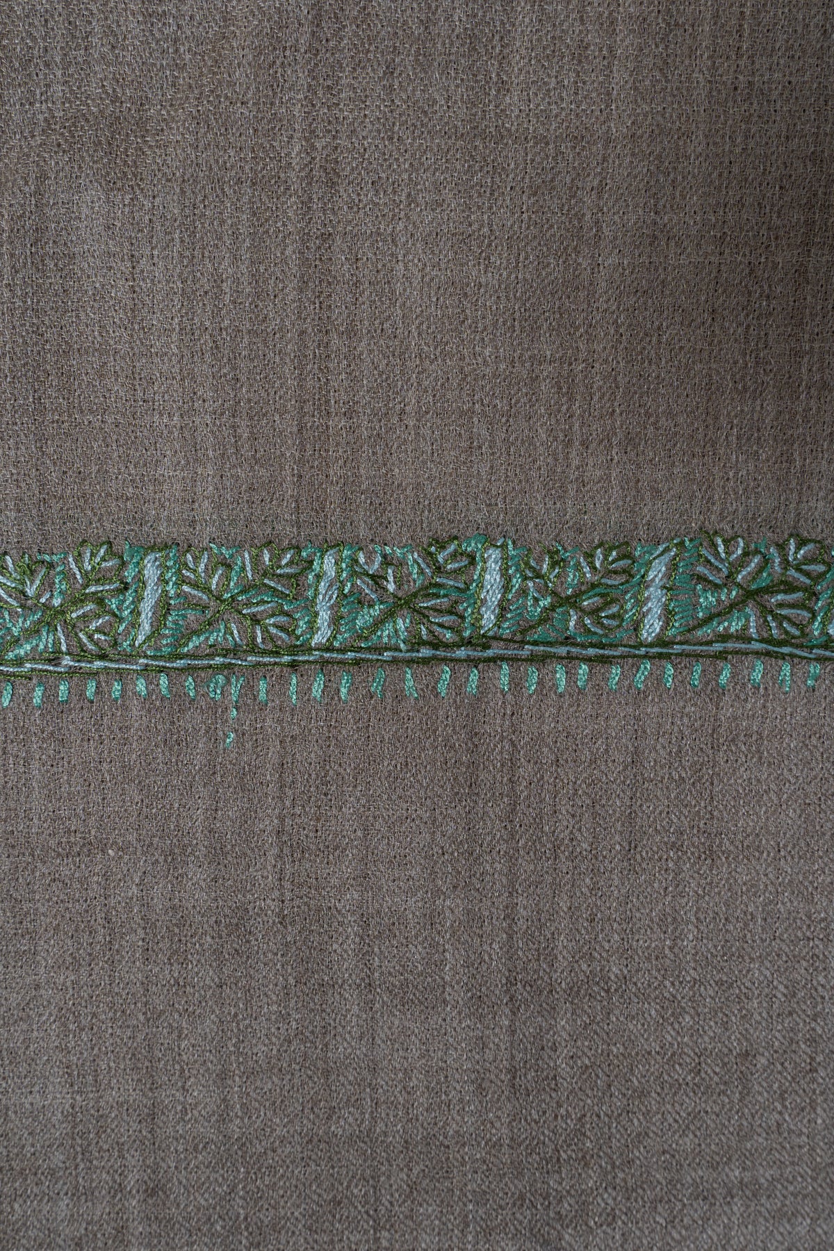 Taupe Mint Border Grace: Merino Wool Hand Embroidered 2.5 Yards Shawl